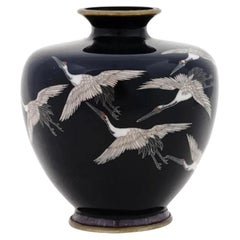 Used Meiji Japanese Cloisonne Enamel Vase with Flying Cranes Hayashi School