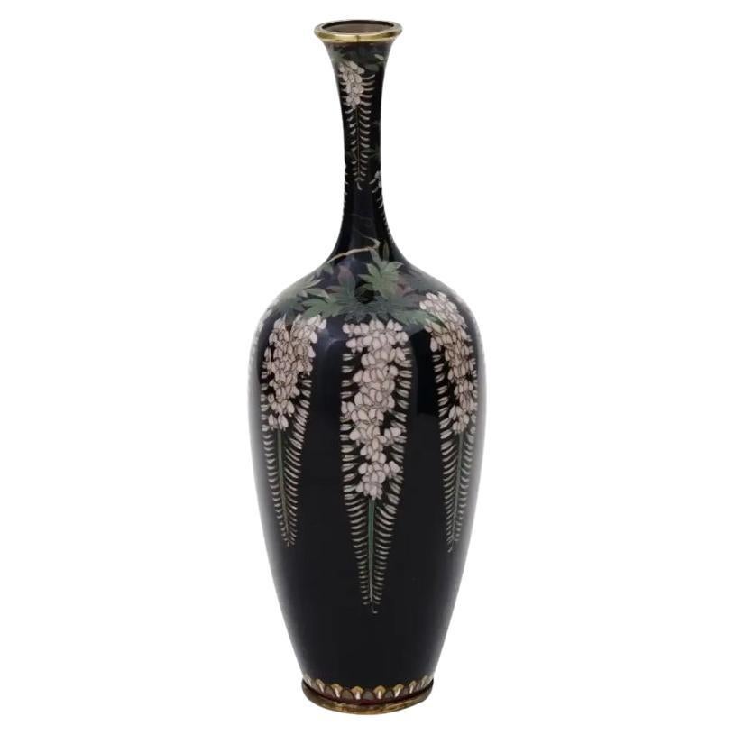 Antique Meiji Japanese Cloisonne Enamel Vase with Blossoming Wisteria Tree