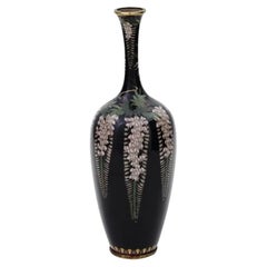 Used Meiji Japanese Cloisonne Enamel Vase with Blossoming Wisteria Tree