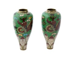 Antique Pair of Japanese Meiji Era Cloisonne Enamel Green Dragon Vases
