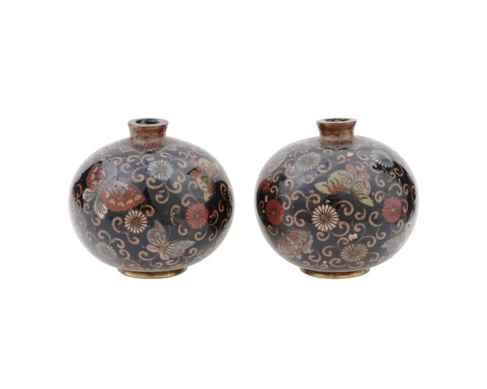 Cloissoné Miniature Pair of Meiji Japanese Cloisonne Goldstone Enamel Butterfly Vases