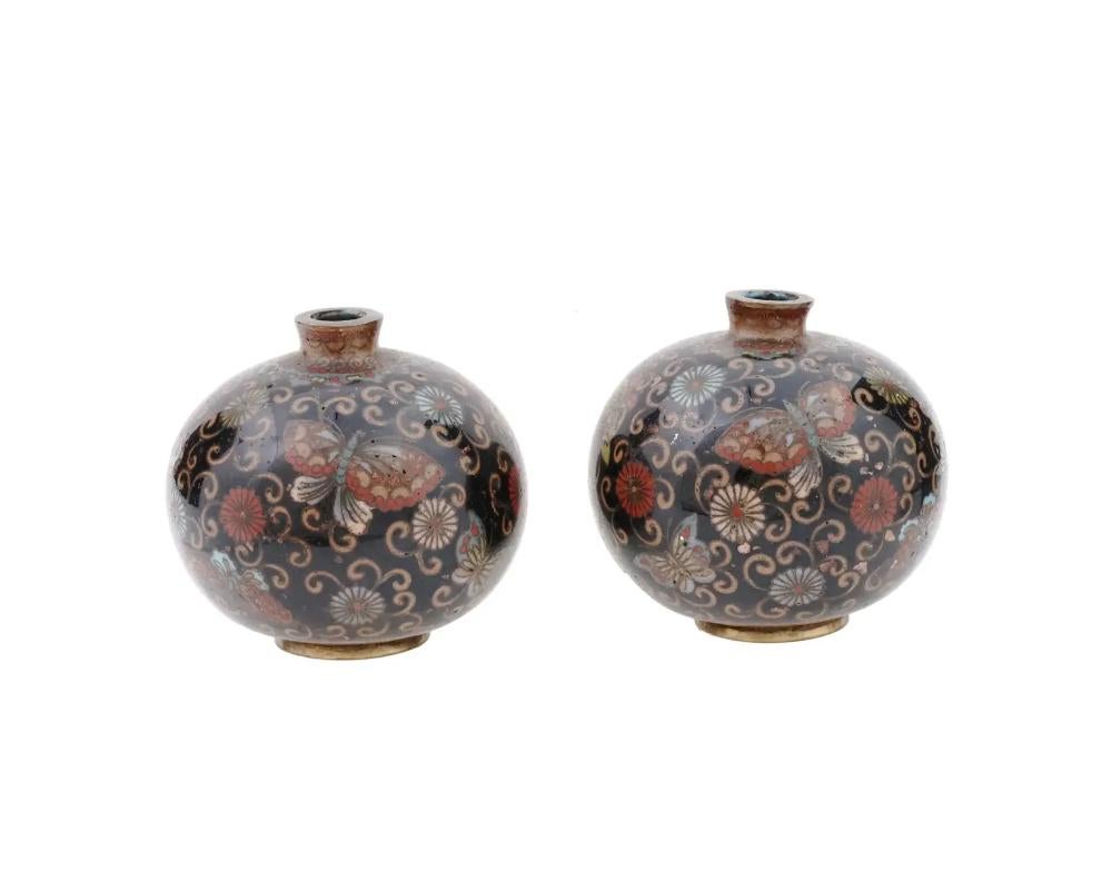 Miniature Pair of Meiji Japanese Cloisonne Goldstone Enamel Butterfly Vases In Good Condition In New York, NY
