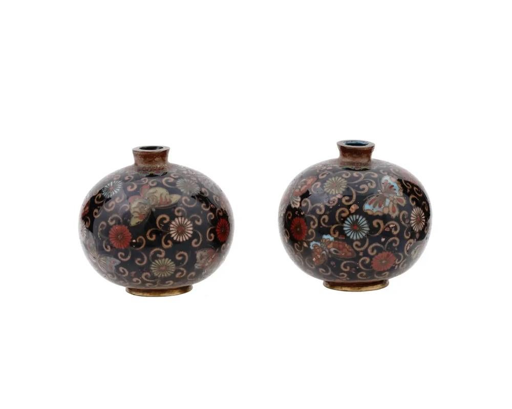 19th Century Miniature Pair of Meiji Japanese Cloisonne Goldstone Enamel Butterfly Vases