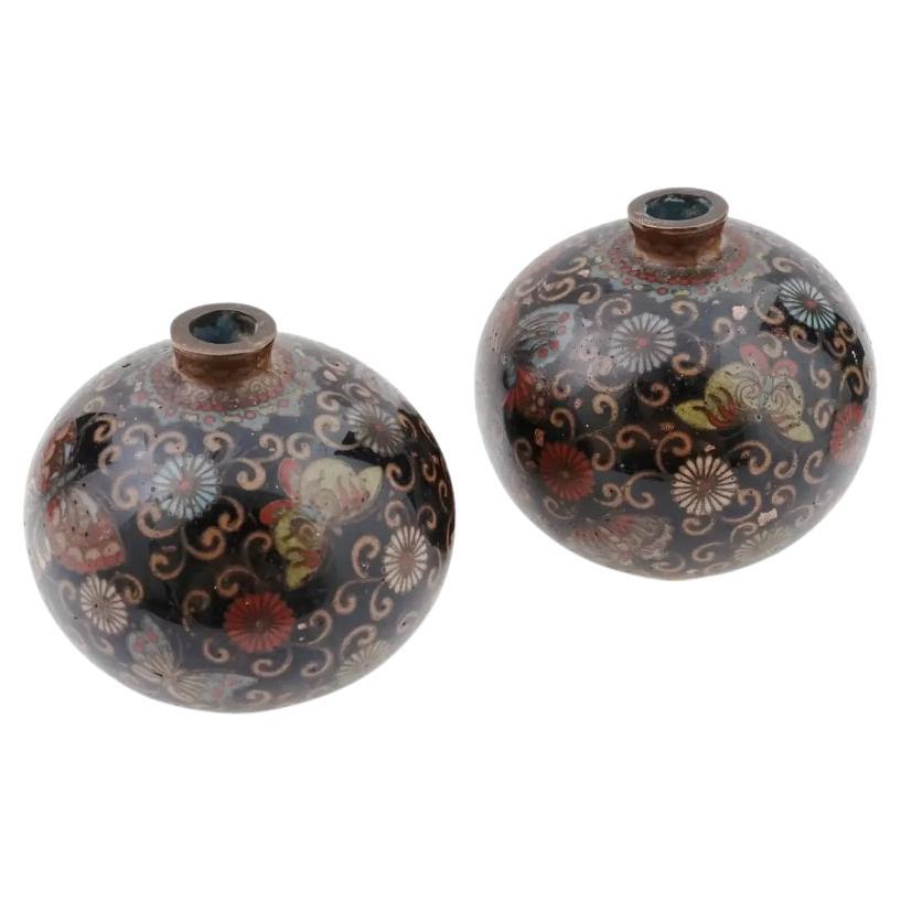 Miniature Pair of Meiji Japanese Cloisonne Goldstone Enamel Butterfly Vases