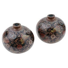 Antique Miniature Pair of Meiji Japanese Cloisonne Goldstone Enamel Butterfly Vases