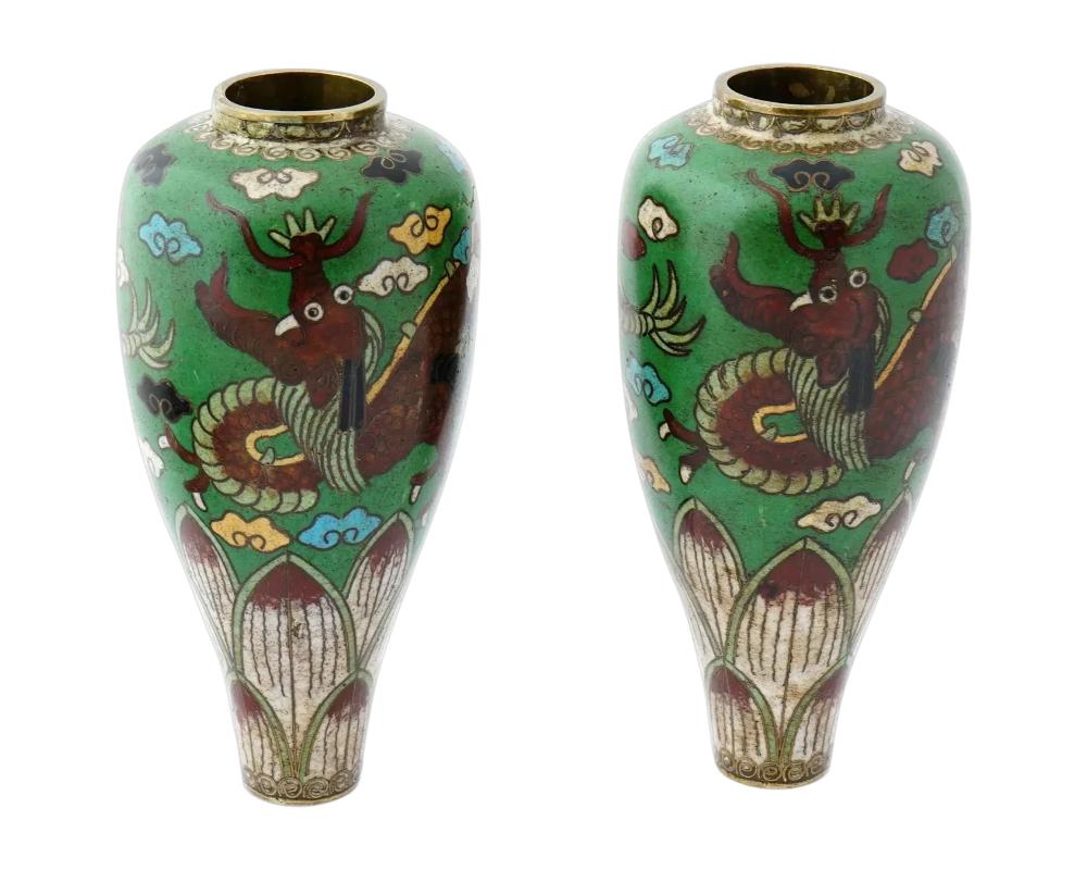 Antique Pair of Japanese Meiji Era Cloisonne Enamel Green Dragon Vases