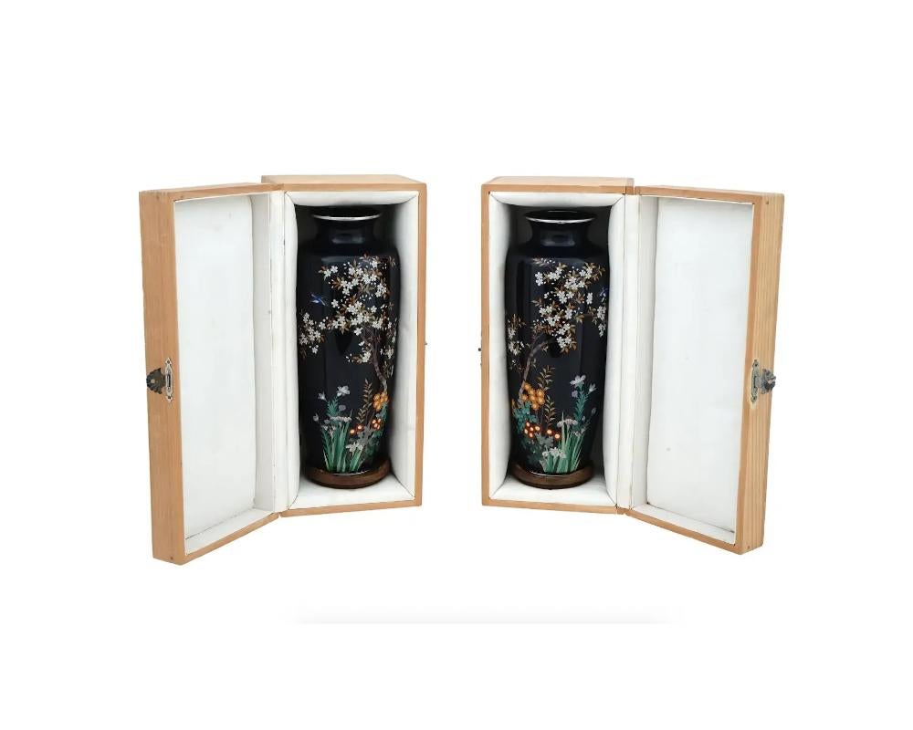 A fine pair of Japanese Meiji period vases from the late 19th century. Each vase is decorated with cloisonne enamel over a silver wire, with scenes depicting a sparrow flying amongst blossoming cherry branches over beautifully detailed irises and