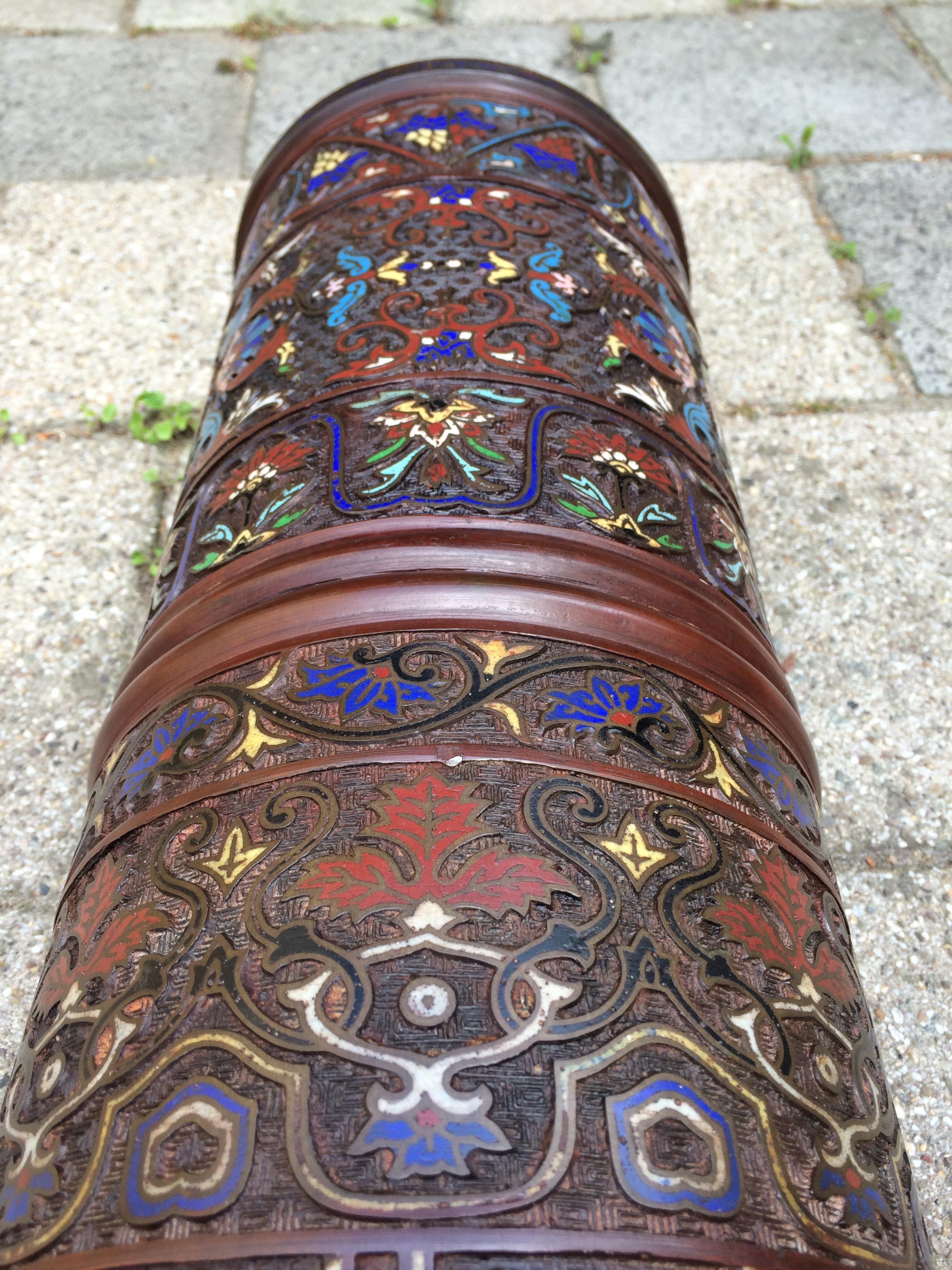 Antique Japanese Meiji Era Enameled Bronze / Cloisonné Umbrella or Stick Stand 6