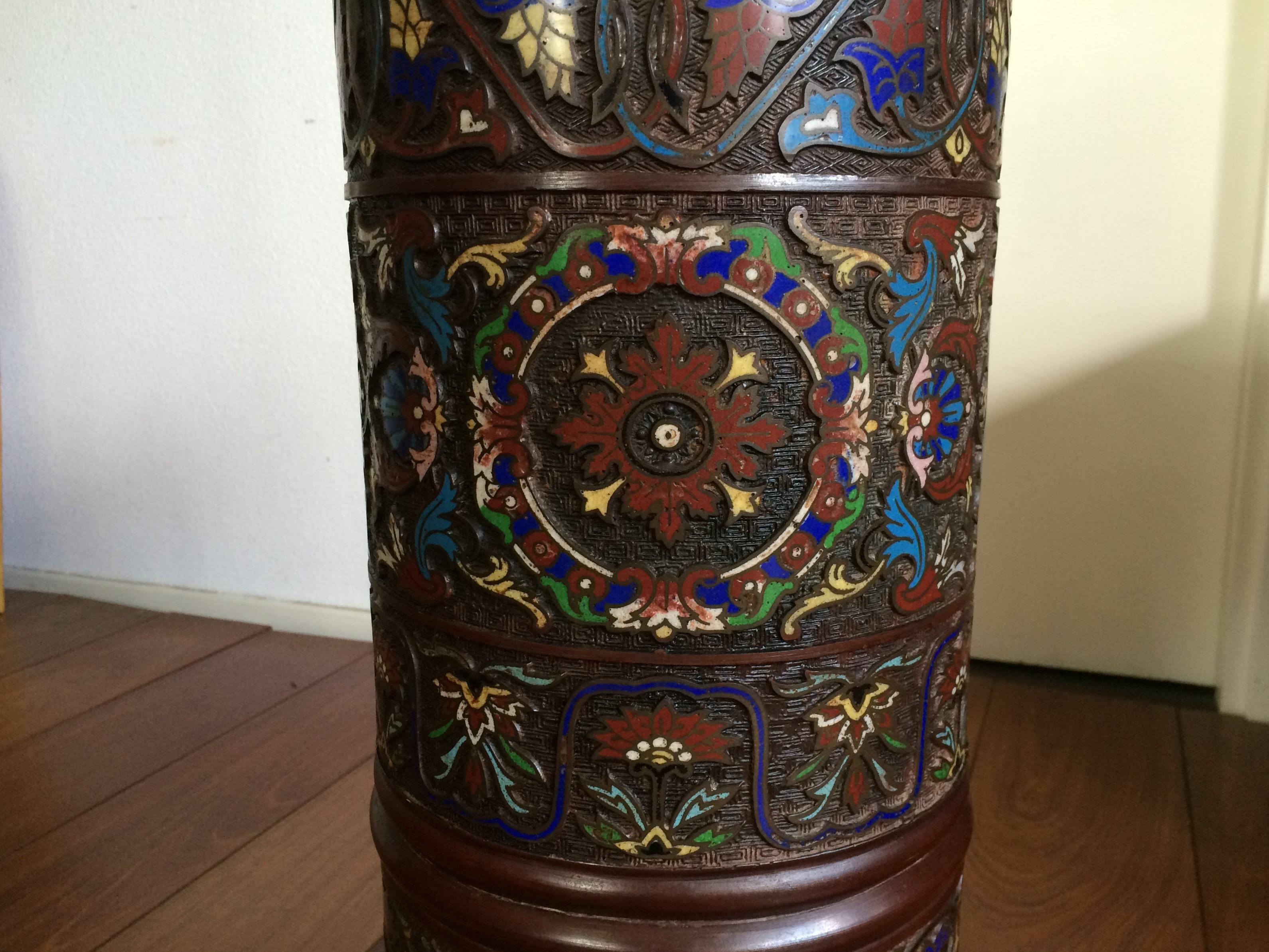 Antique Japanese Meiji Era Enameled Bronze / Cloisonné Umbrella or Stick Stand 7
