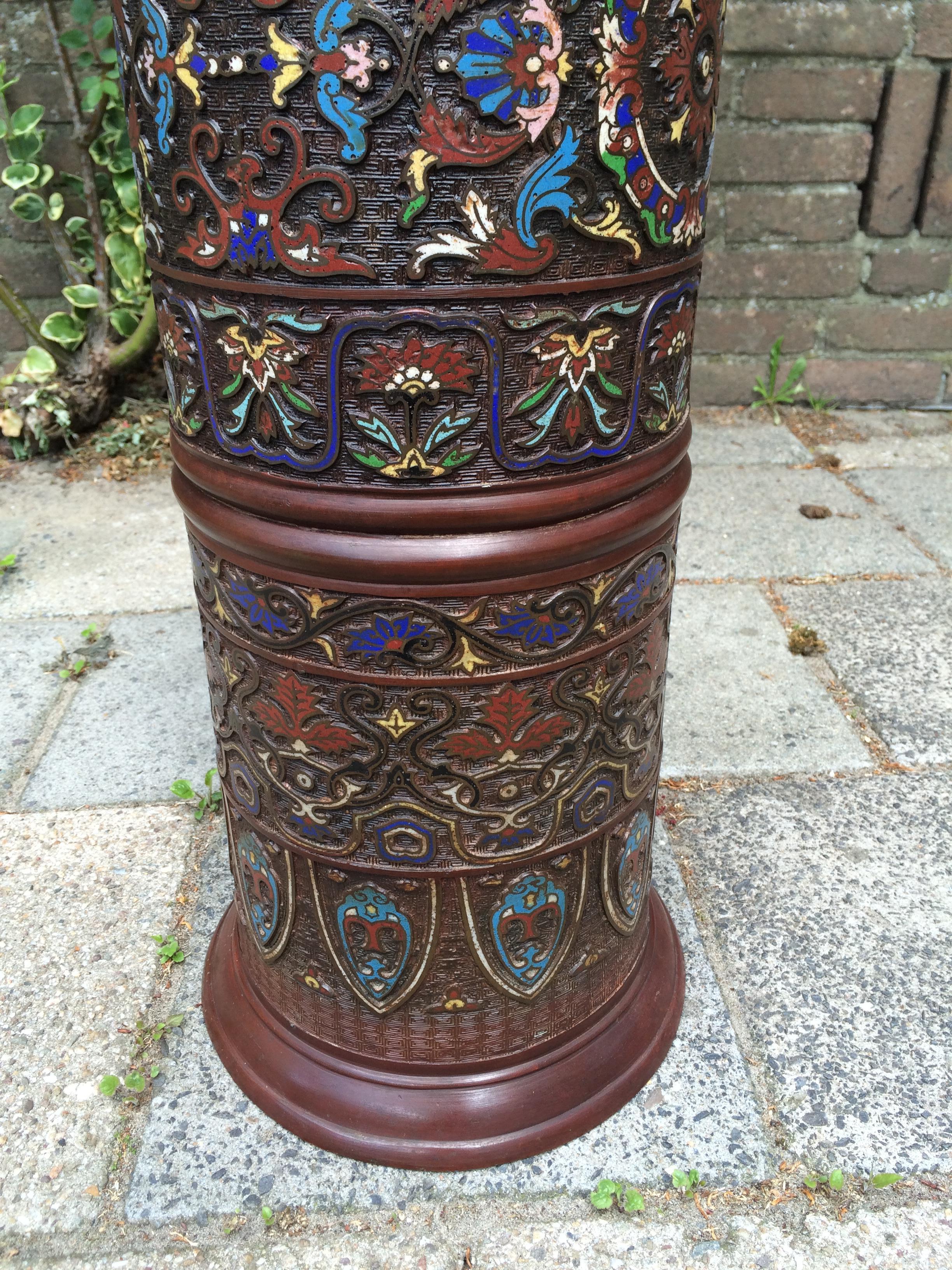 Antique Japanese Meiji Era Enameled Bronze / Cloisonné Umbrella or Stick Stand 8