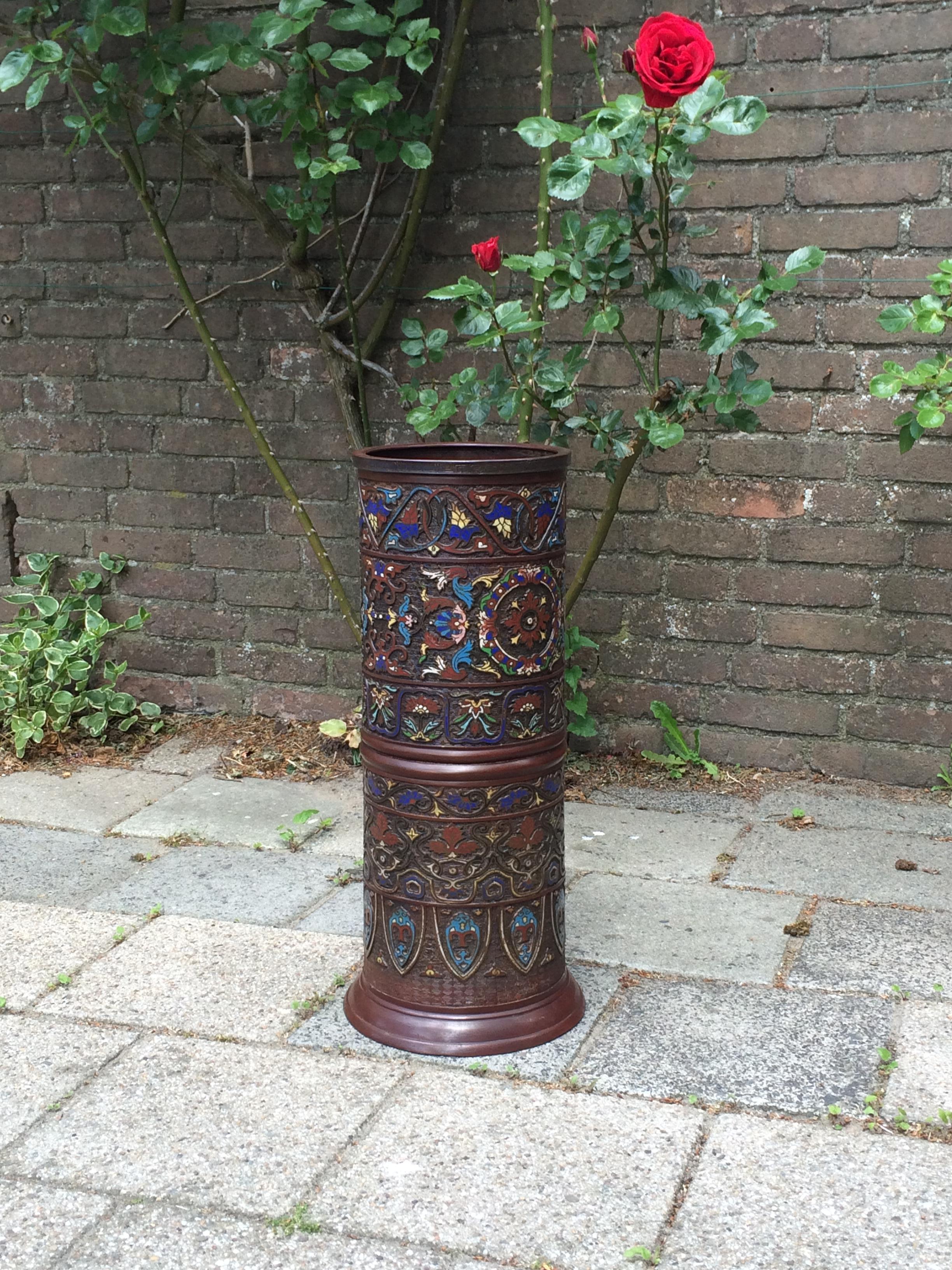 Antique Japanese Meiji Era Enameled Bronze / Cloisonné Umbrella or Stick Stand 9