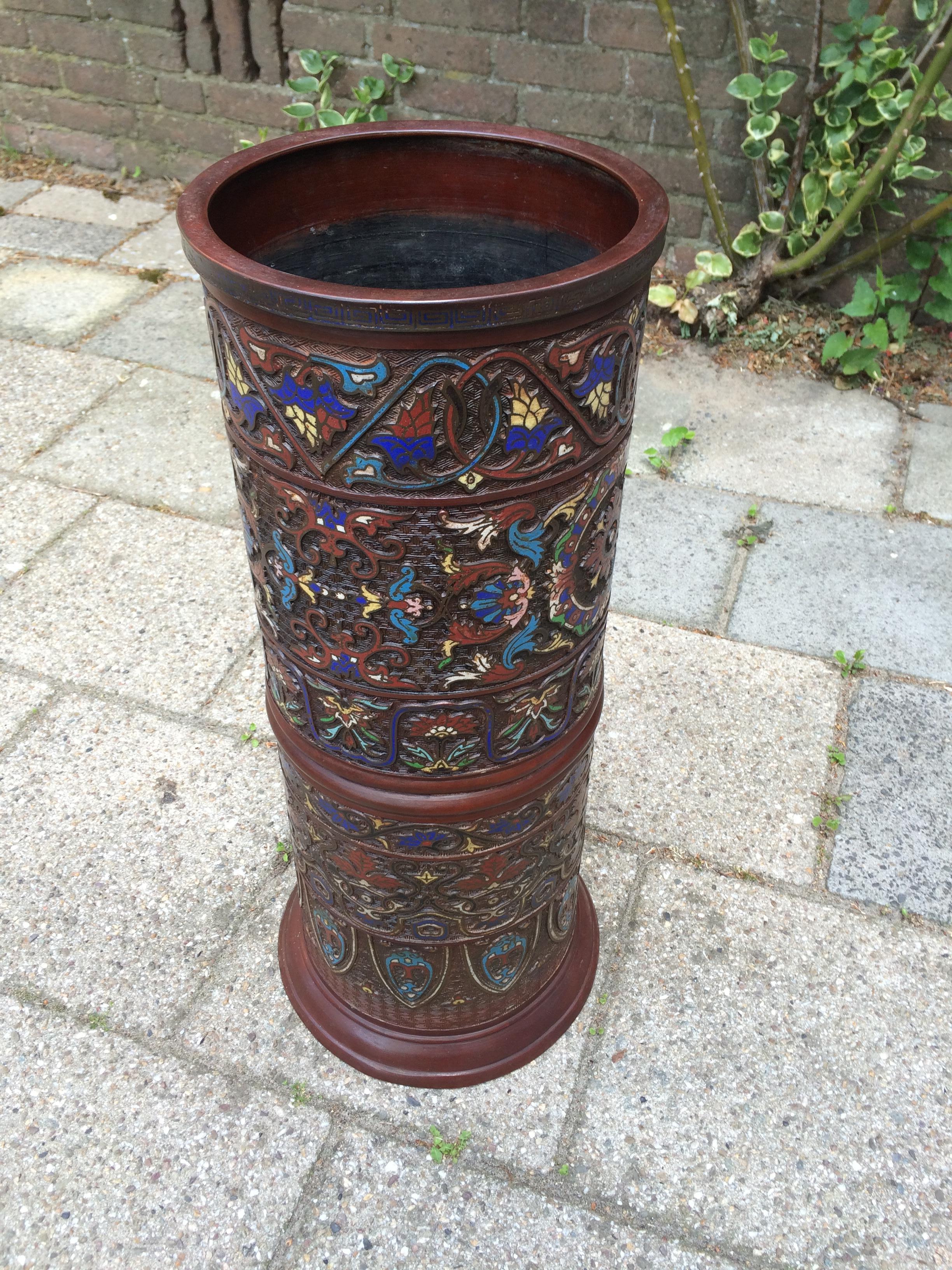 Antique Japanese Meiji Era Enameled Bronze / Cloisonné Umbrella or Stick Stand 10