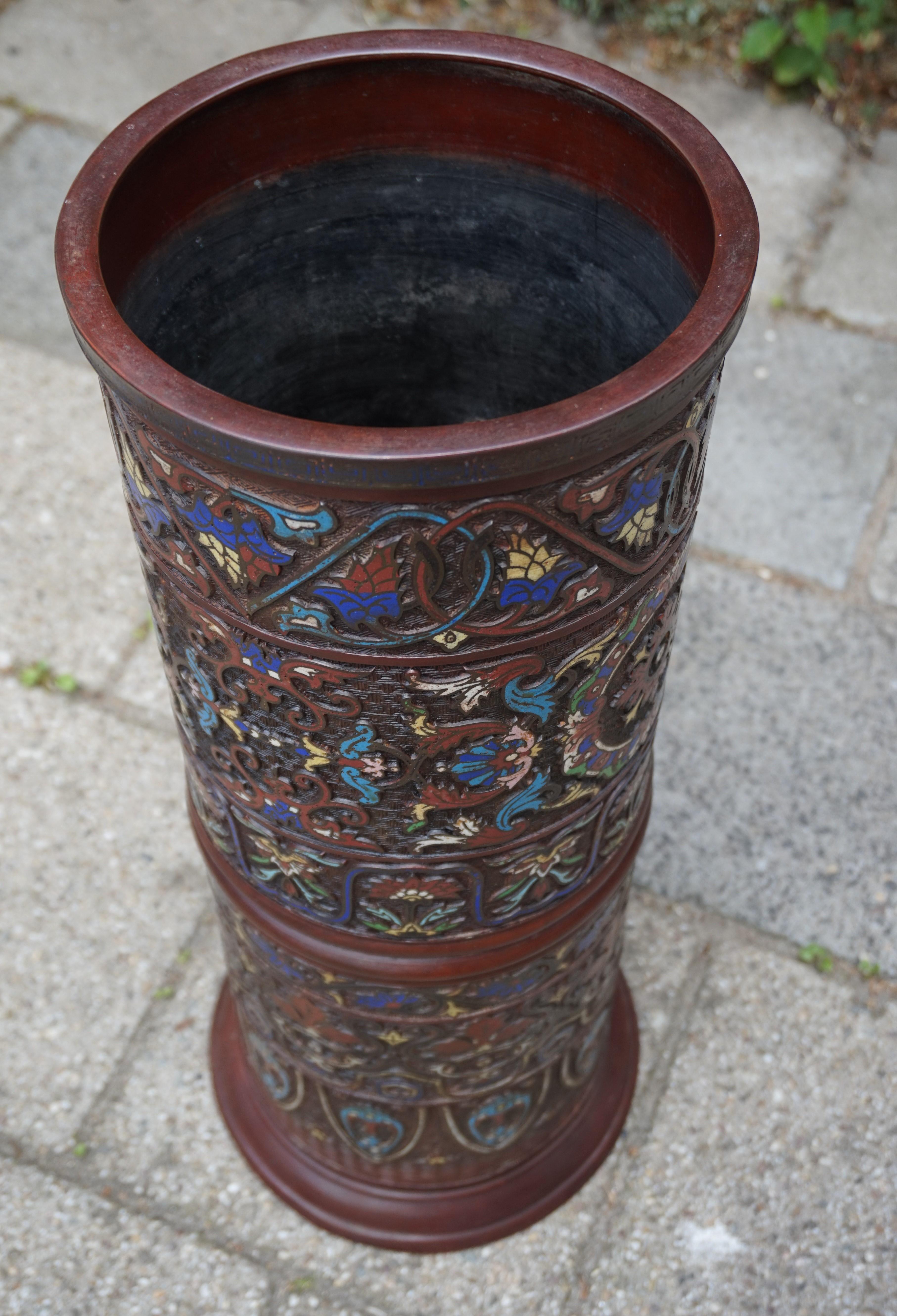 Antique Japanese Meiji Era Enameled Bronze / Cloisonné Umbrella or Stick Stand 13