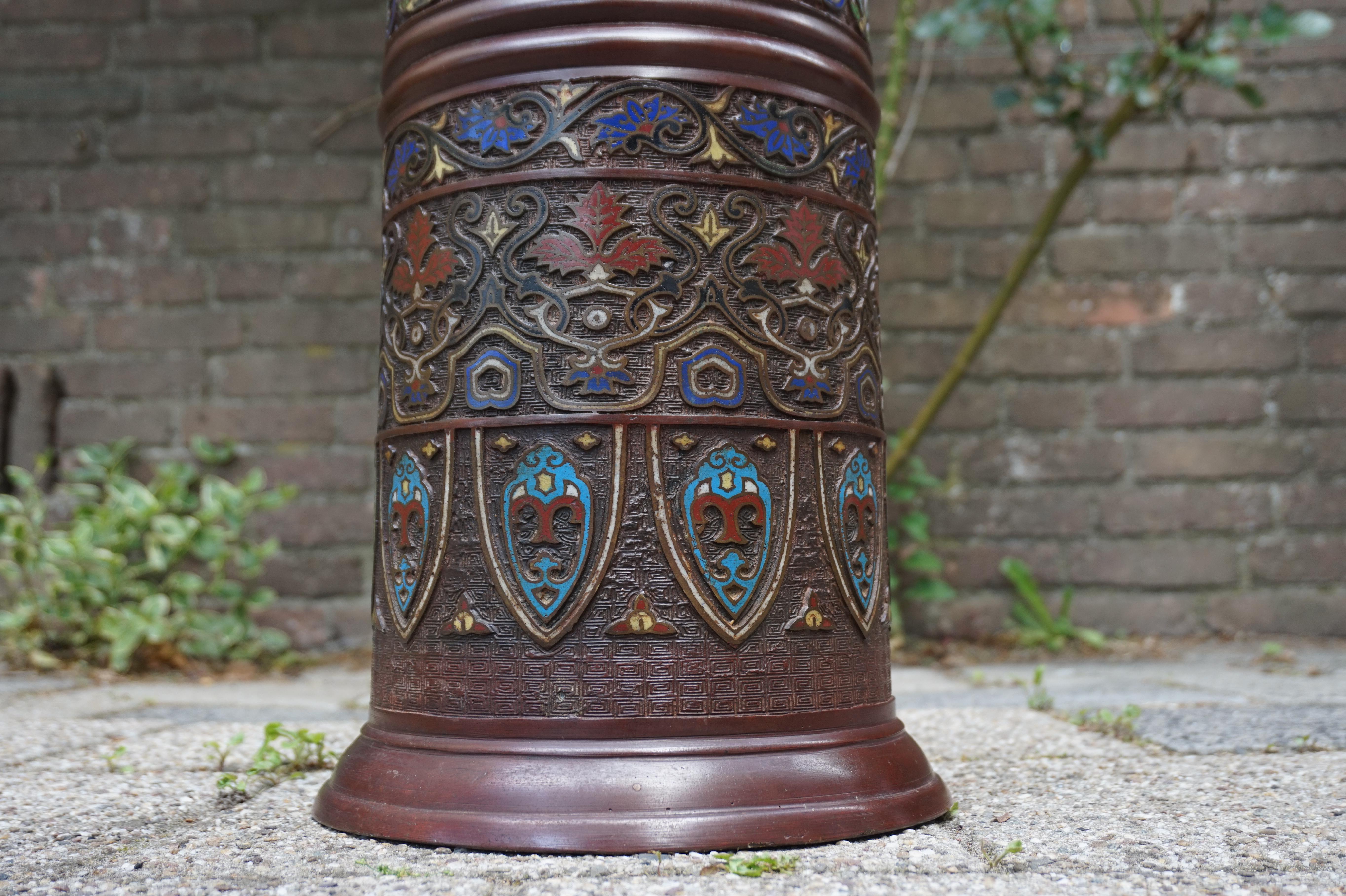 Antique Japanese Meiji Era Enameled Bronze / Cloisonné Umbrella or Stick Stand 11
