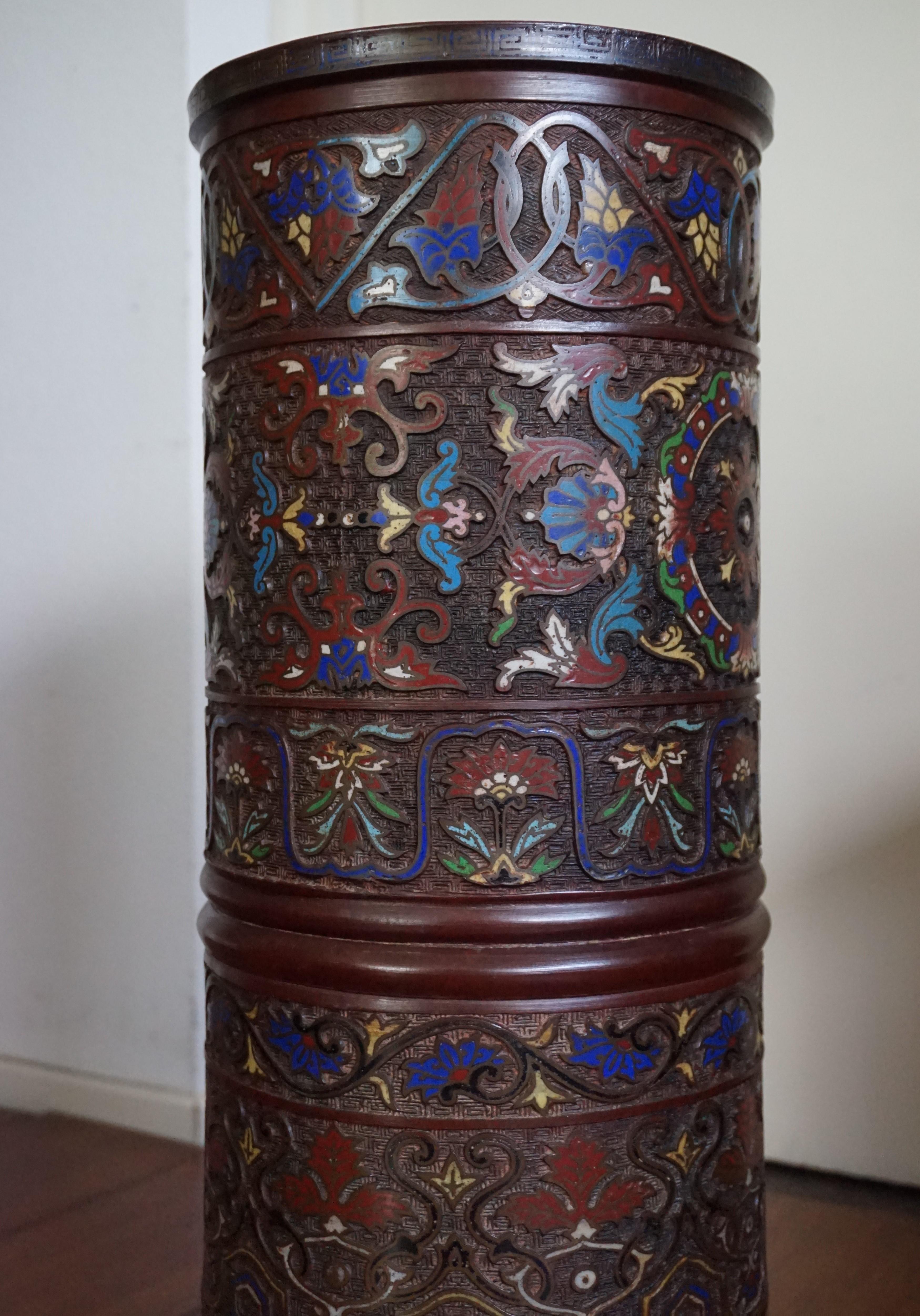 Antique Japanese Meiji Era Enameled Bronze / Cloisonné Umbrella or Stick Stand 12