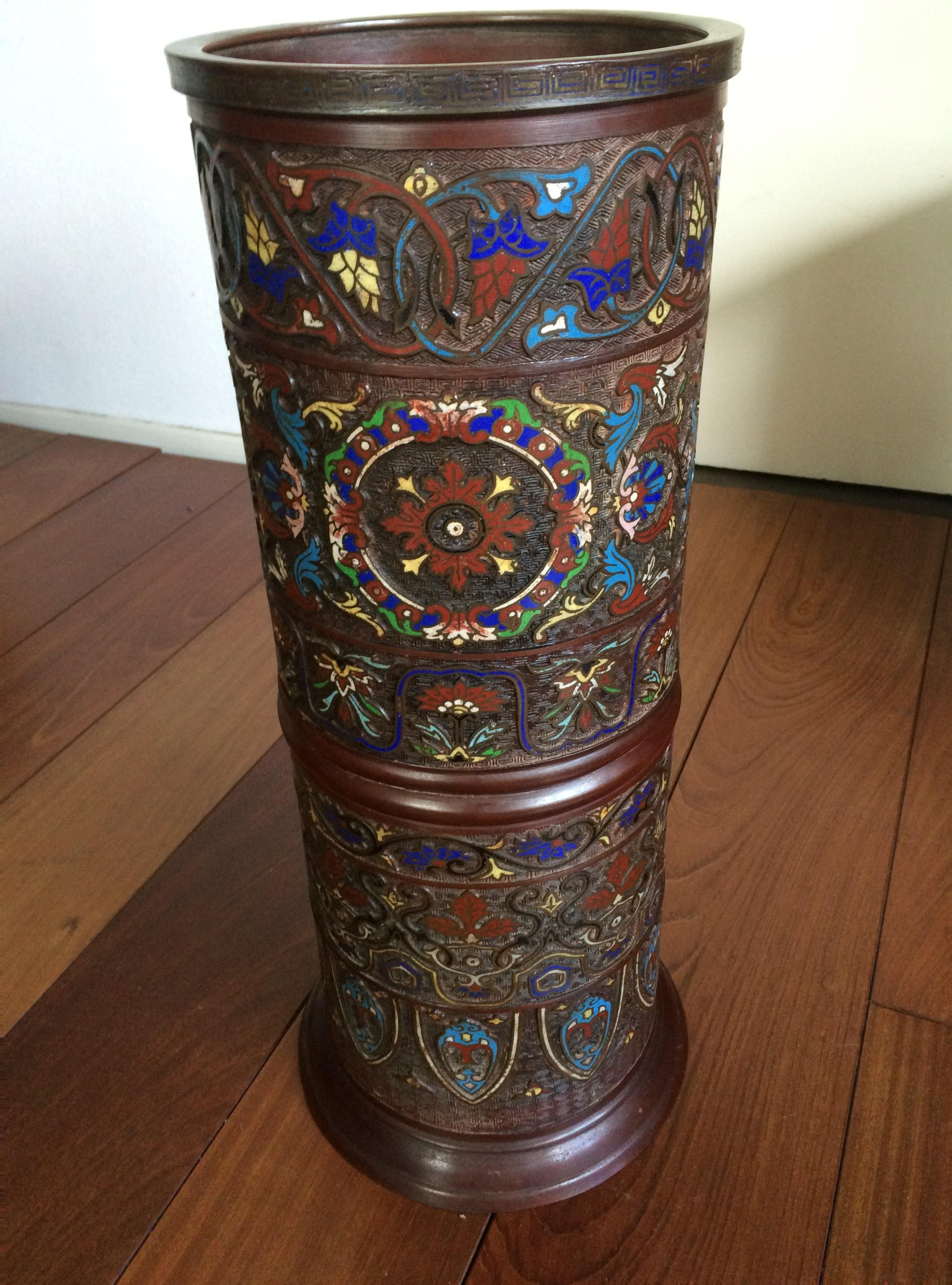Patinated Antique Japanese Meiji Era Enameled Bronze / Cloisonné Umbrella or Stick Stand