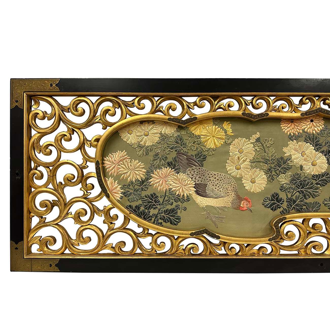 Hand embroidered in Japan, this large framed silk embroidered wall art was made in Meiji era, approximated 1900s. Very detailed hand embroidered Chicken and floral in a carved and gilt wooden frame.  In Japanese culture, chickens are given many