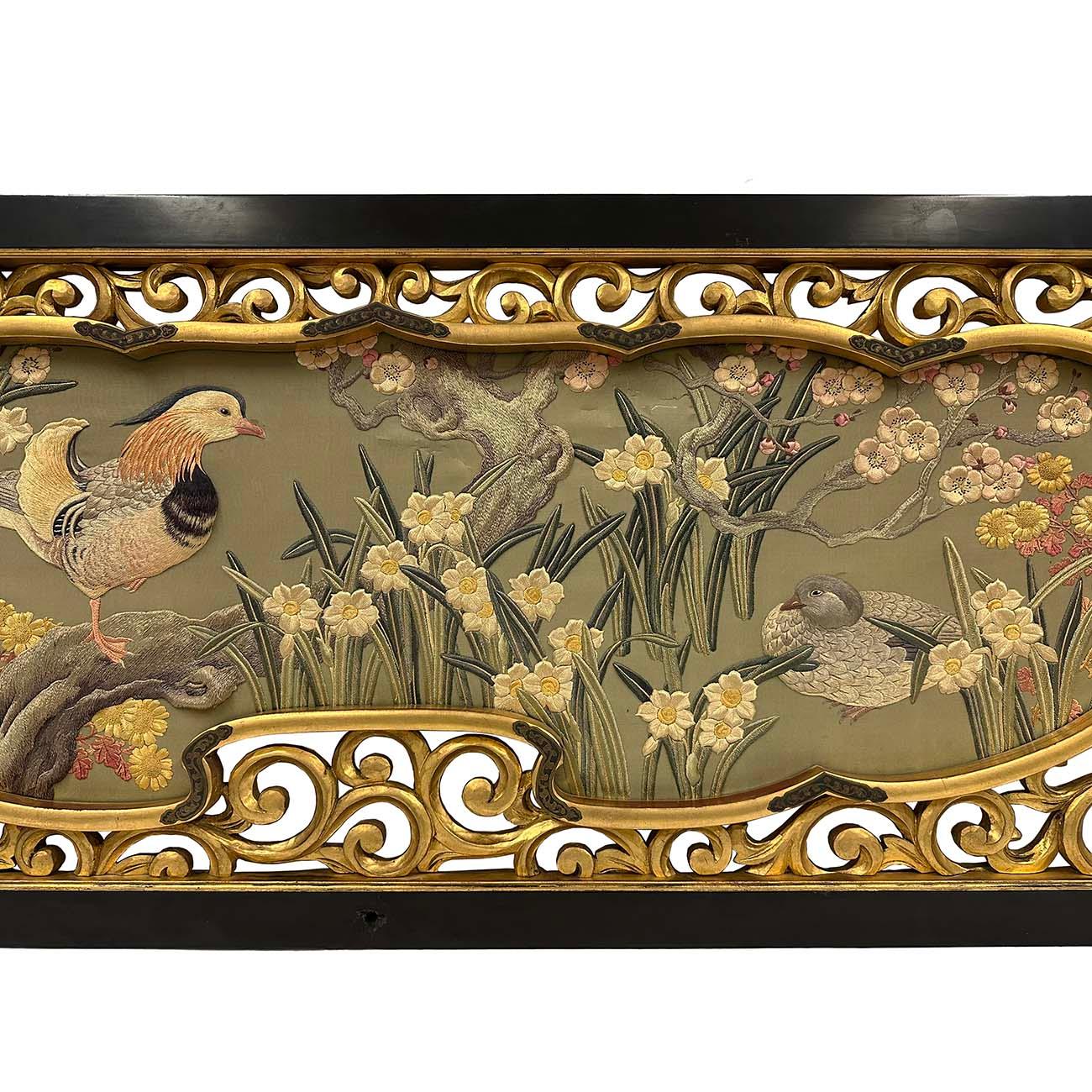 Chinese Export Antique Japanese Meiji era Framed Embroidery Wall Hanging For Sale