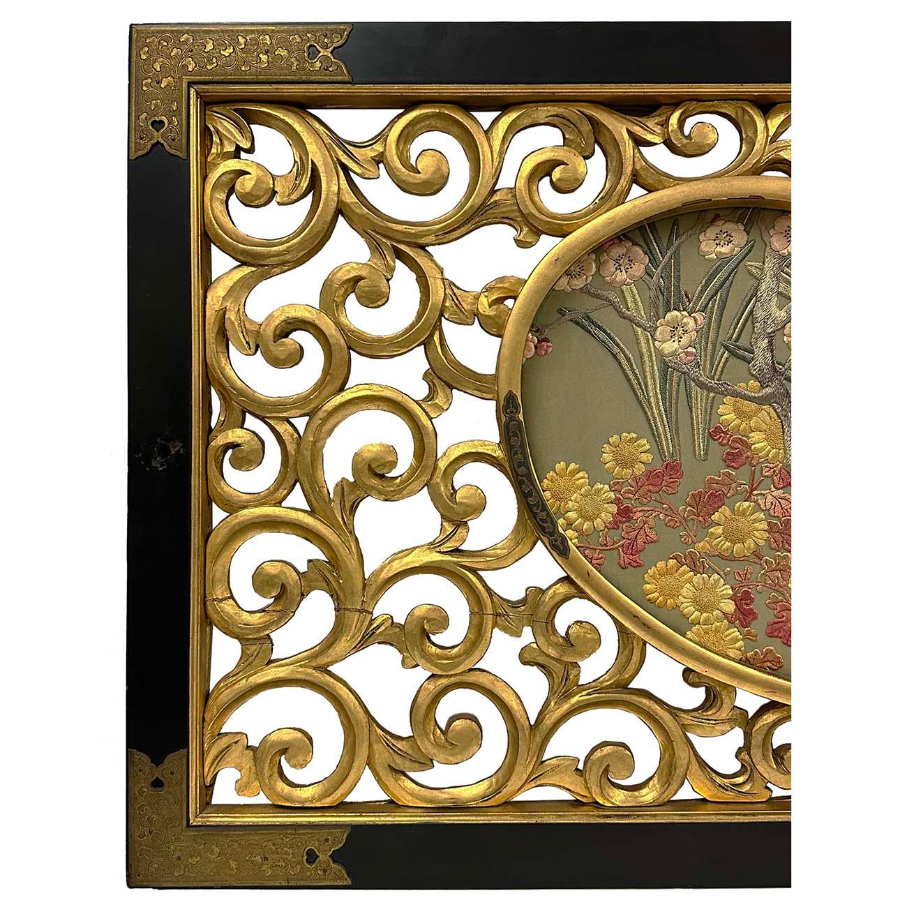 Embroidered Antique Japanese Meiji era Framed Embroidery Wall Hanging For Sale