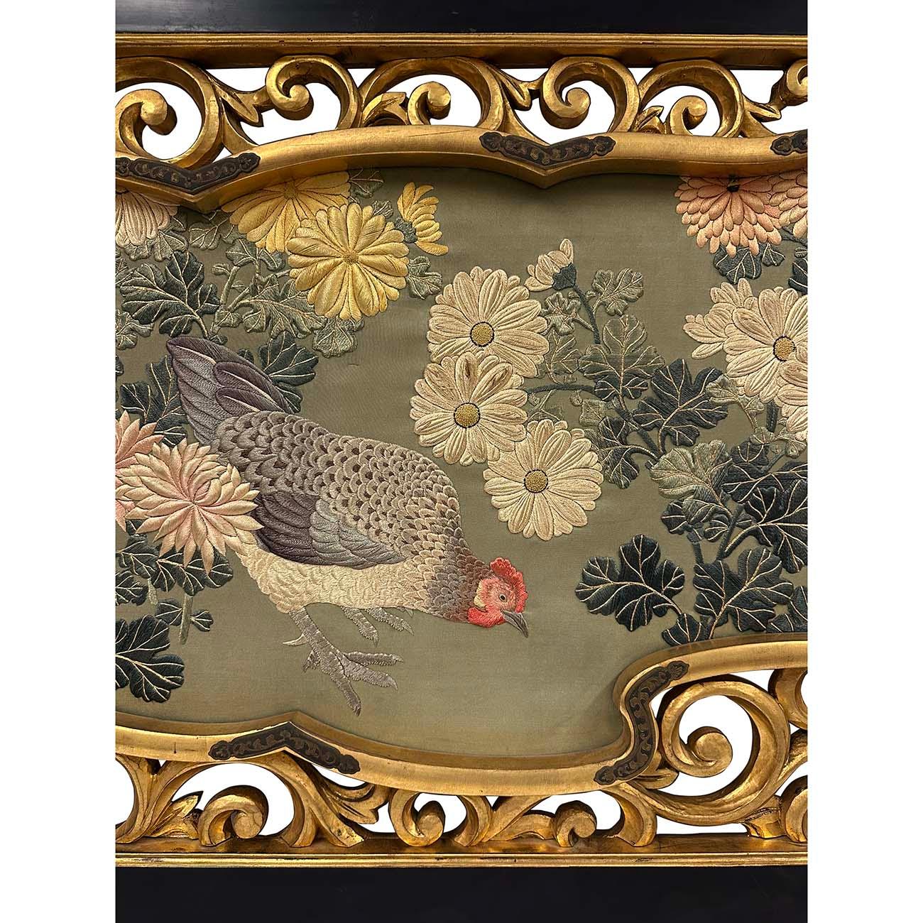 Embroidered Antique Japanese Meiji era Framed Embroidery Wall Hanging For Sale