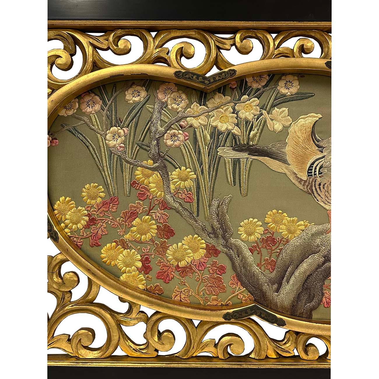 Antique Japanese Meiji era Framed Embroidery Wall Hanging In Good Condition For Sale In Pomona, CA