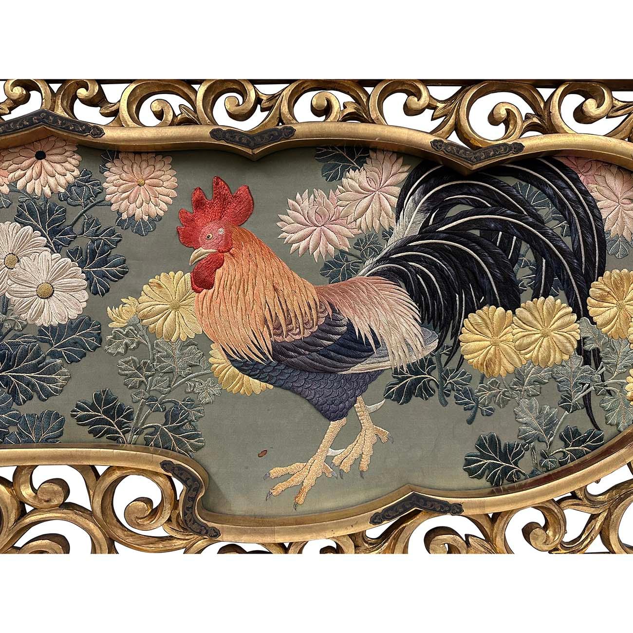 Antique Japanese Meiji era Framed Embroidery Wall Hanging In Good Condition For Sale In Pomona, CA