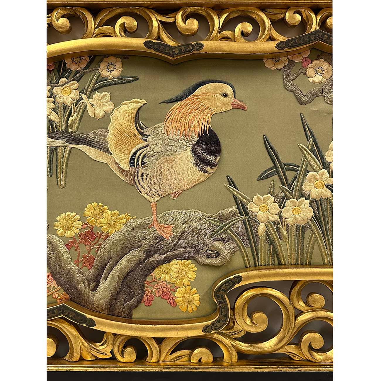 20th Century Antique Japanese Meiji era Framed Embroidery Wall Hanging For Sale