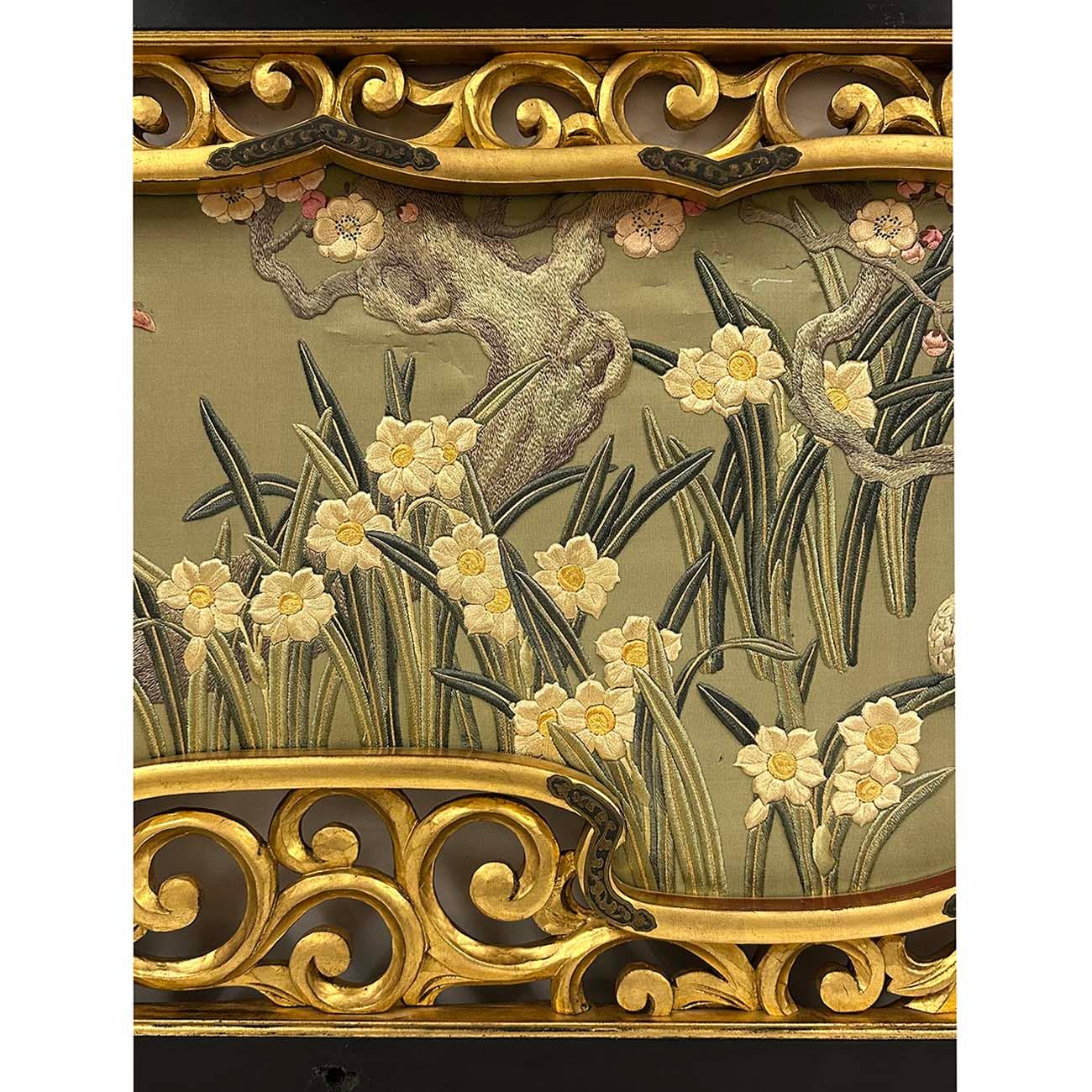 Silk Antique Japanese Meiji era Framed Embroidery Wall Hanging For Sale