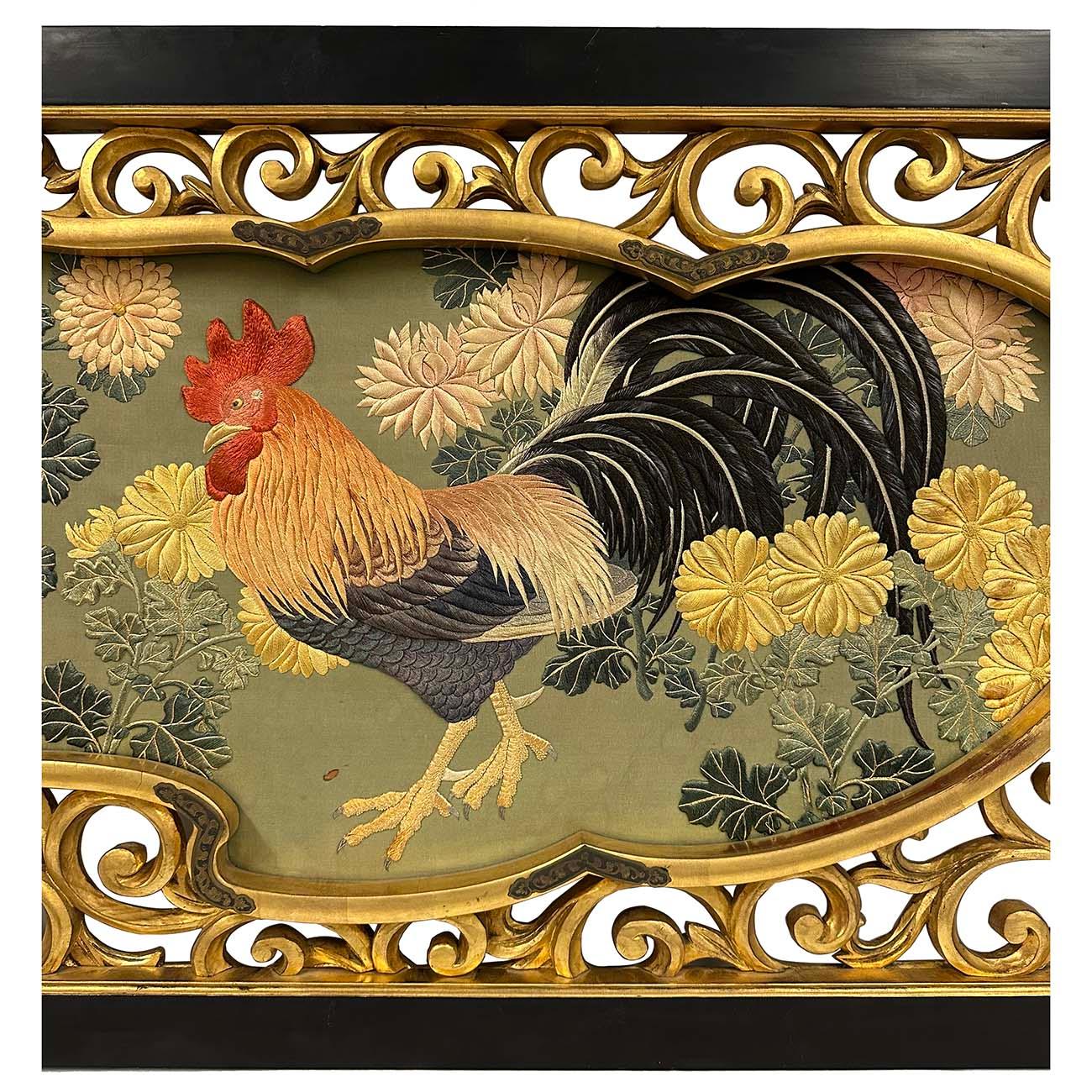 Silk Antique Japanese Meiji era Framed Embroidery Wall Hanging For Sale