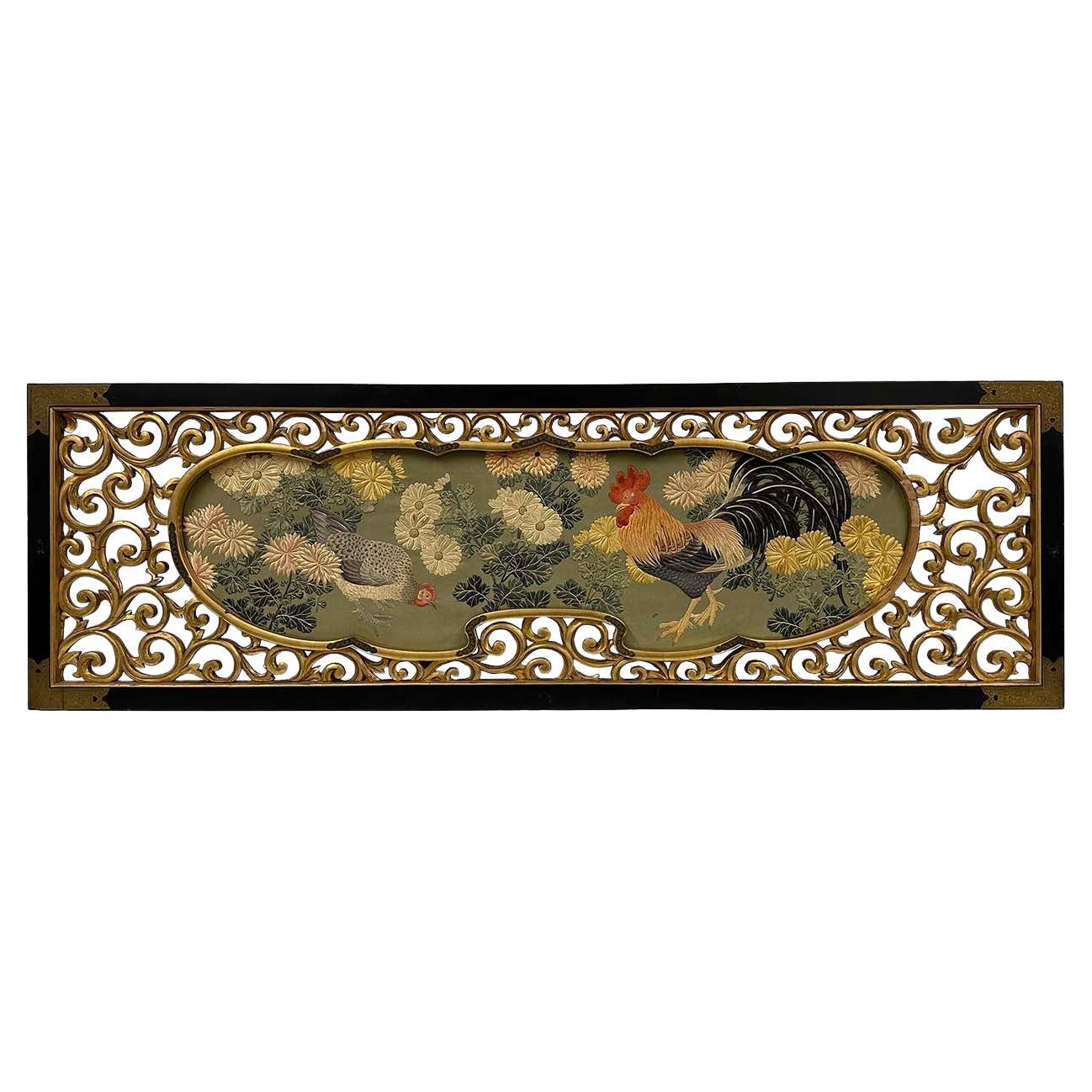 Antico ricamo giapponese dell'epoca Meiji con cornice da parete