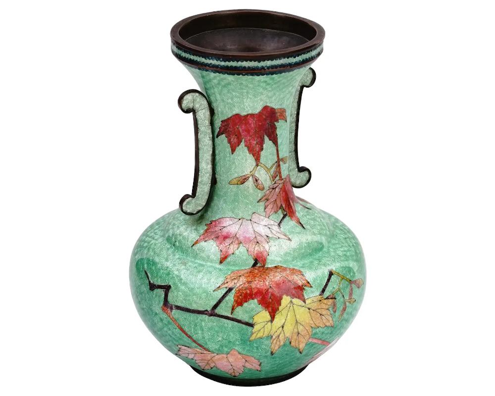 Cloissoné Antique Meiji Japanese Cloisonne Ginbari Enamel Green Double Handle Vase with Au For Sale