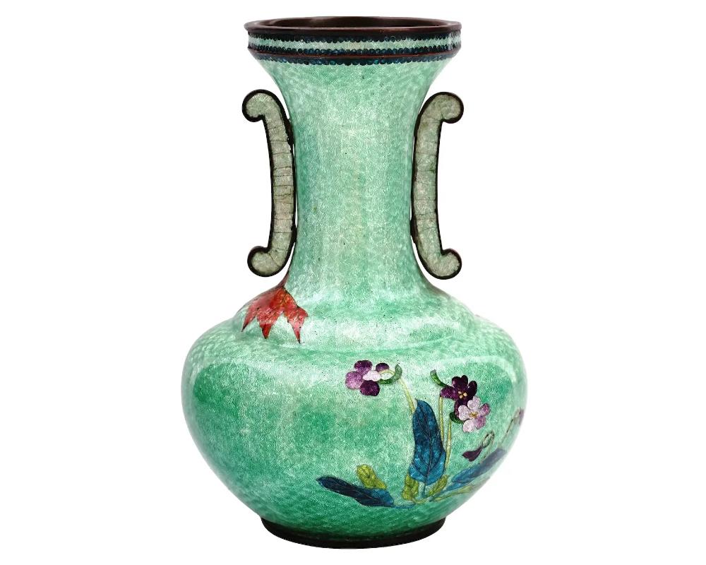 19th Century Antique Meiji Japanese Cloisonne Ginbari Enamel Green Double Handle Vase with Au For Sale