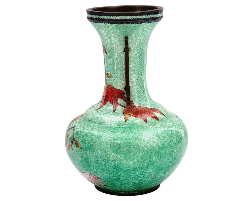 Copper Antique Meiji Japanese Cloisonne Ginbari Enamel Green Double Handle Vase with Au For Sale