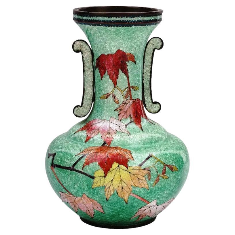 Antique Meiji Japanese Cloisonne Ginbari Enamel Green Double Handle Vase with Au For Sale