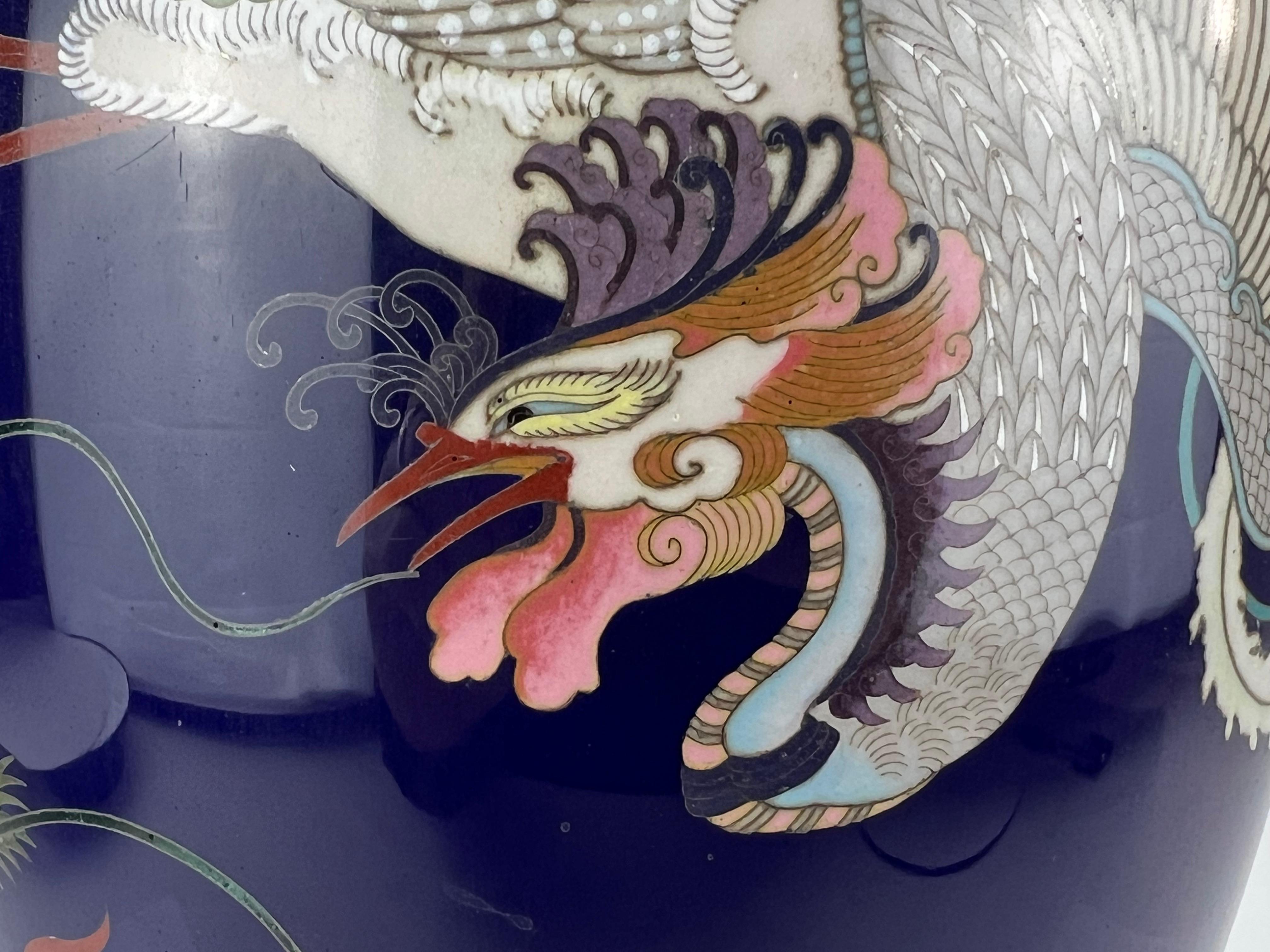 Antique Japanese Meiji Era (late 1800's) Cloisonné Vase Phoenix & Dragon 12” For Sale 4