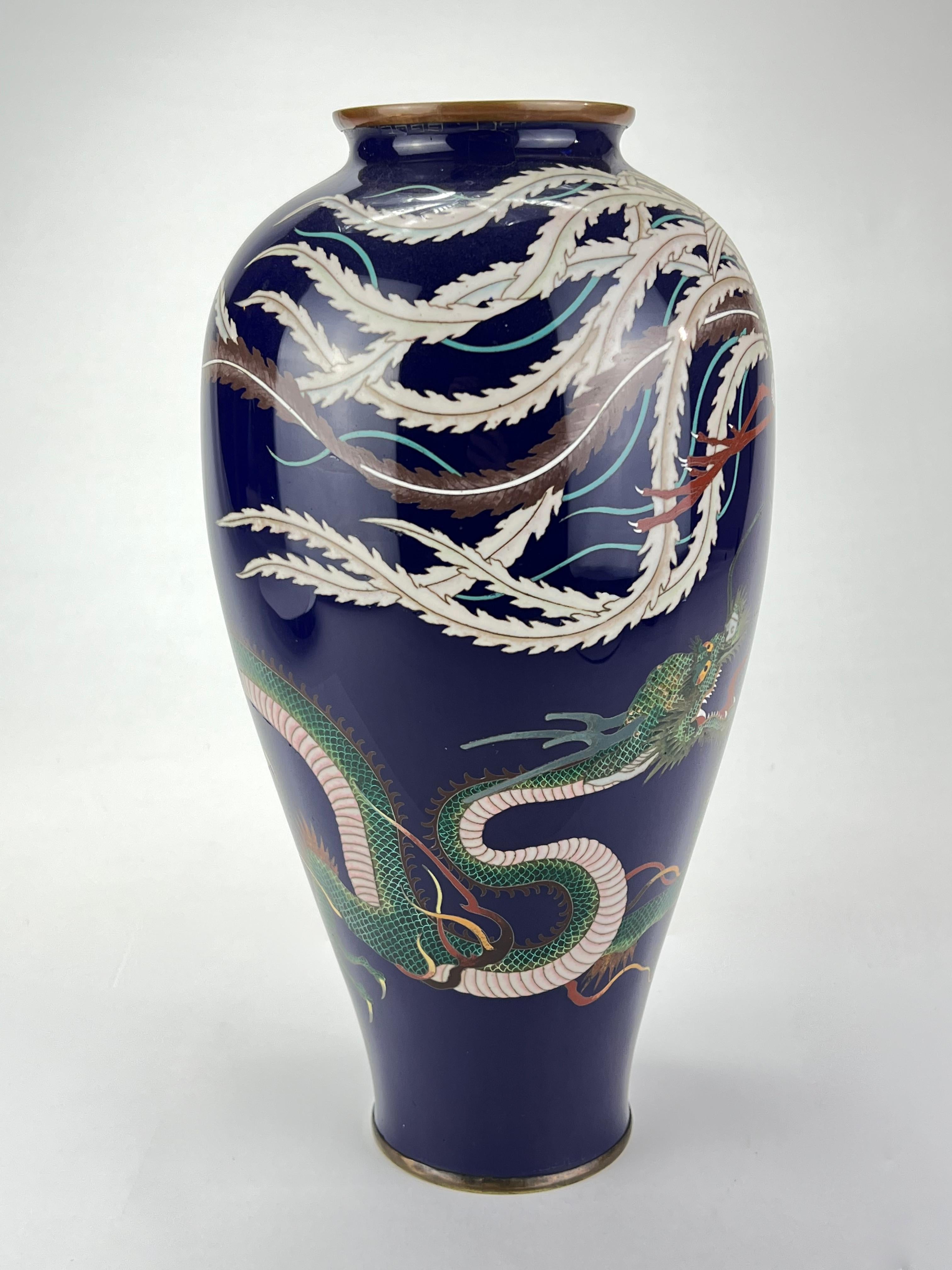 Hand-Crafted Antique Japanese Meiji Era (late 1800's) Cloisonné Vase Phoenix & Dragon 12” For Sale