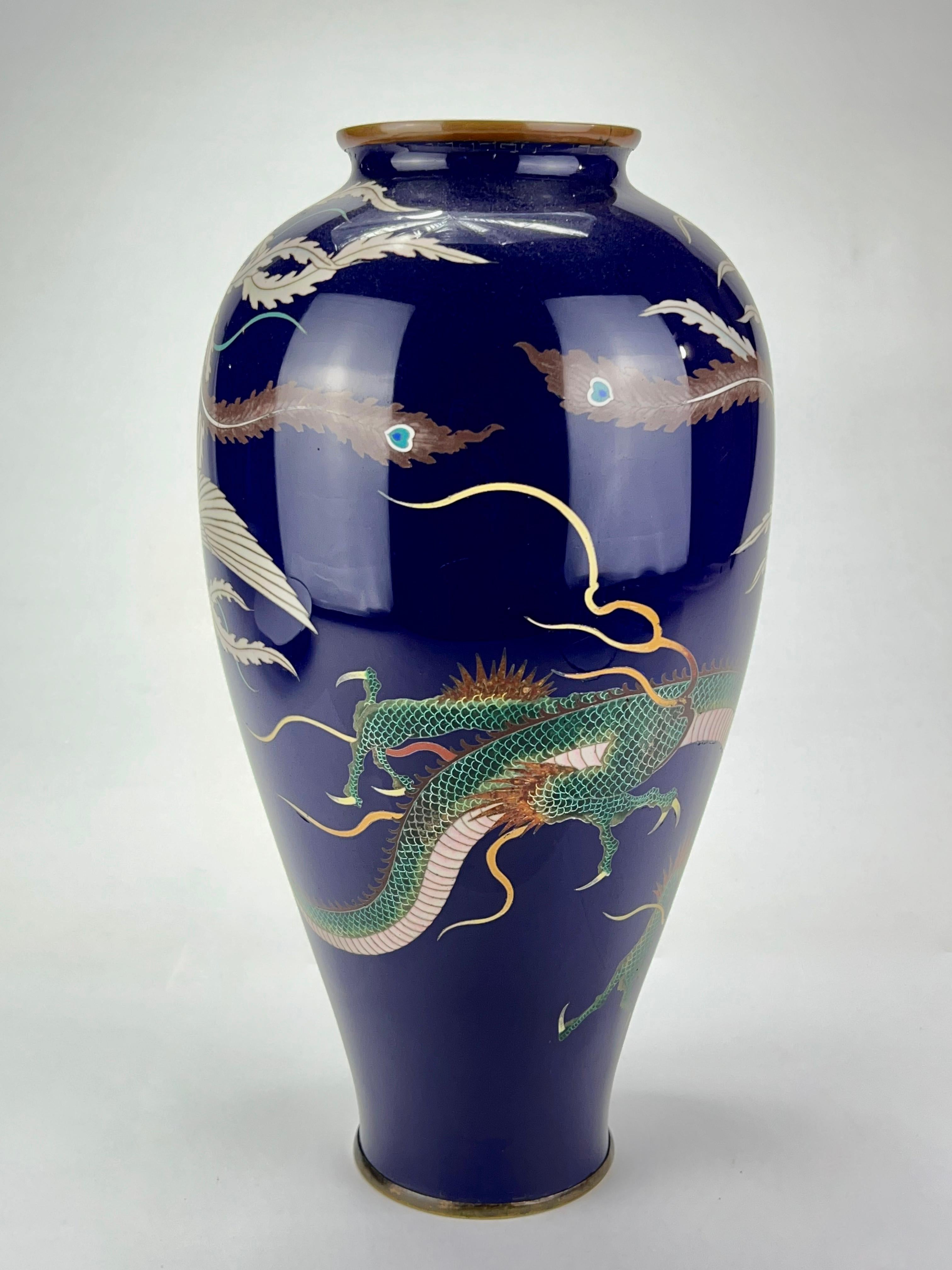Antique Japanese Meiji Era (late 1800's) Cloisonné Vase Phoenix & Dragon 12” In Good Condition For Sale In Portland, OR