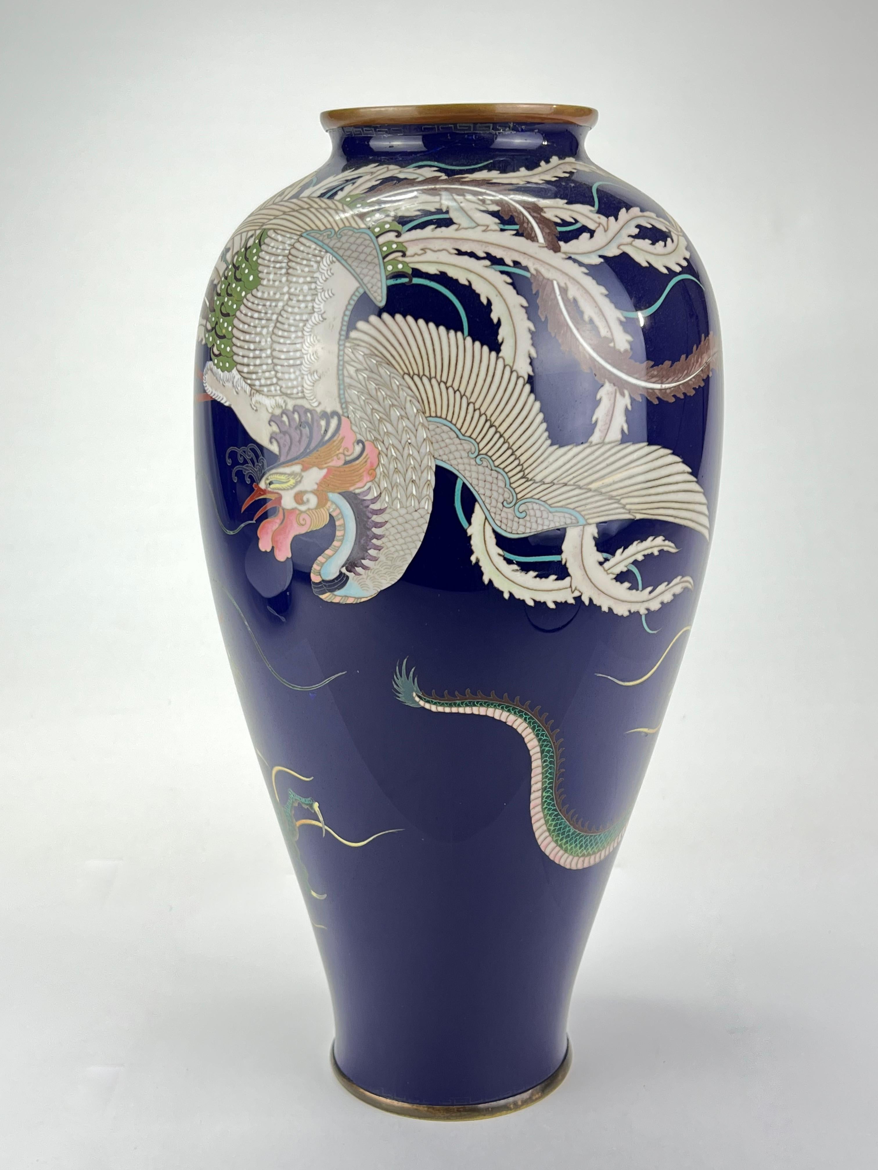 19th Century Antique Japanese Meiji Era (late 1800's) Cloisonné Vase Phoenix & Dragon 12” For Sale