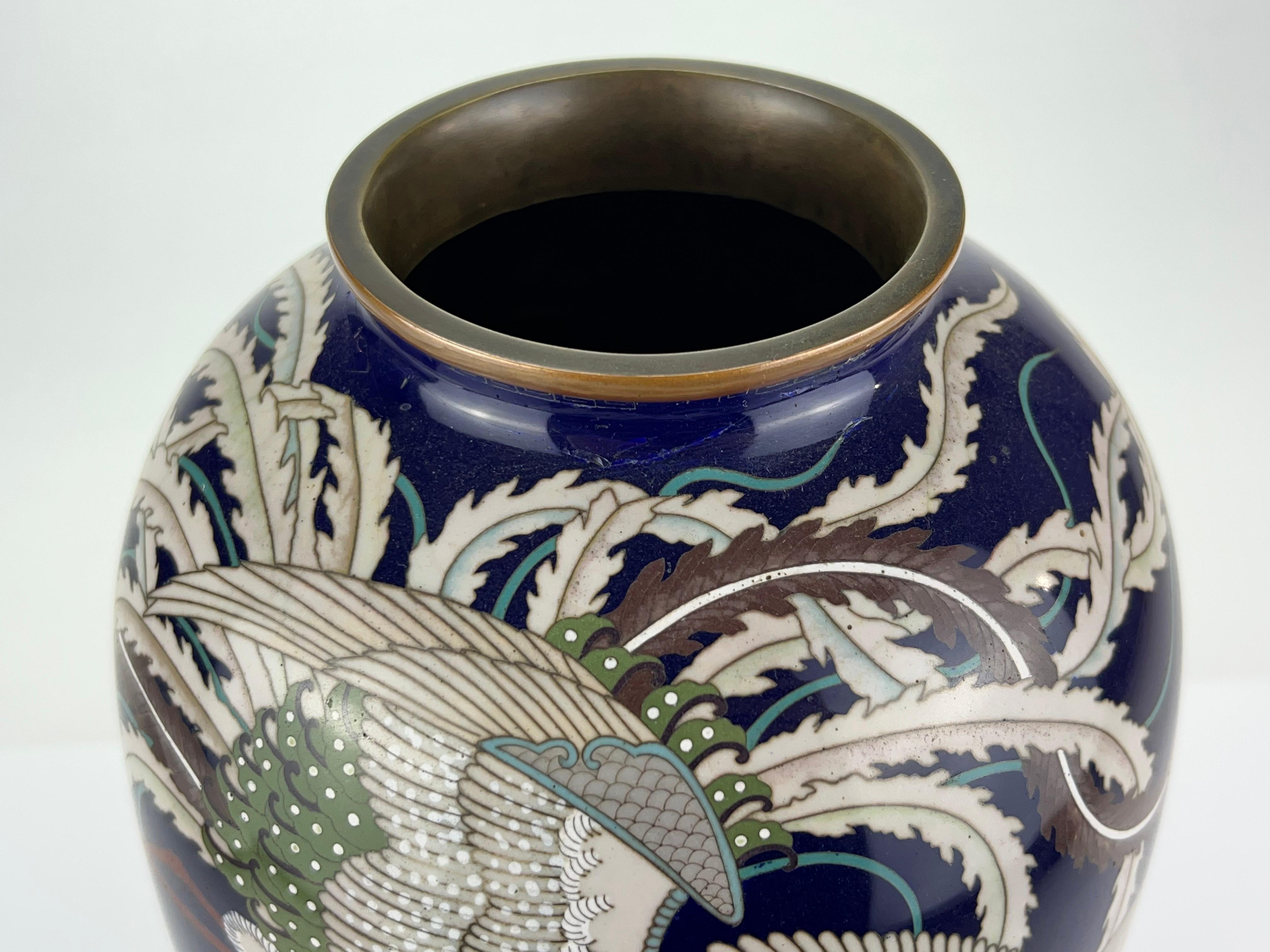 Copper Antique Japanese Meiji Era (late 1800's) Cloisonné Vase Phoenix & Dragon 12” For Sale