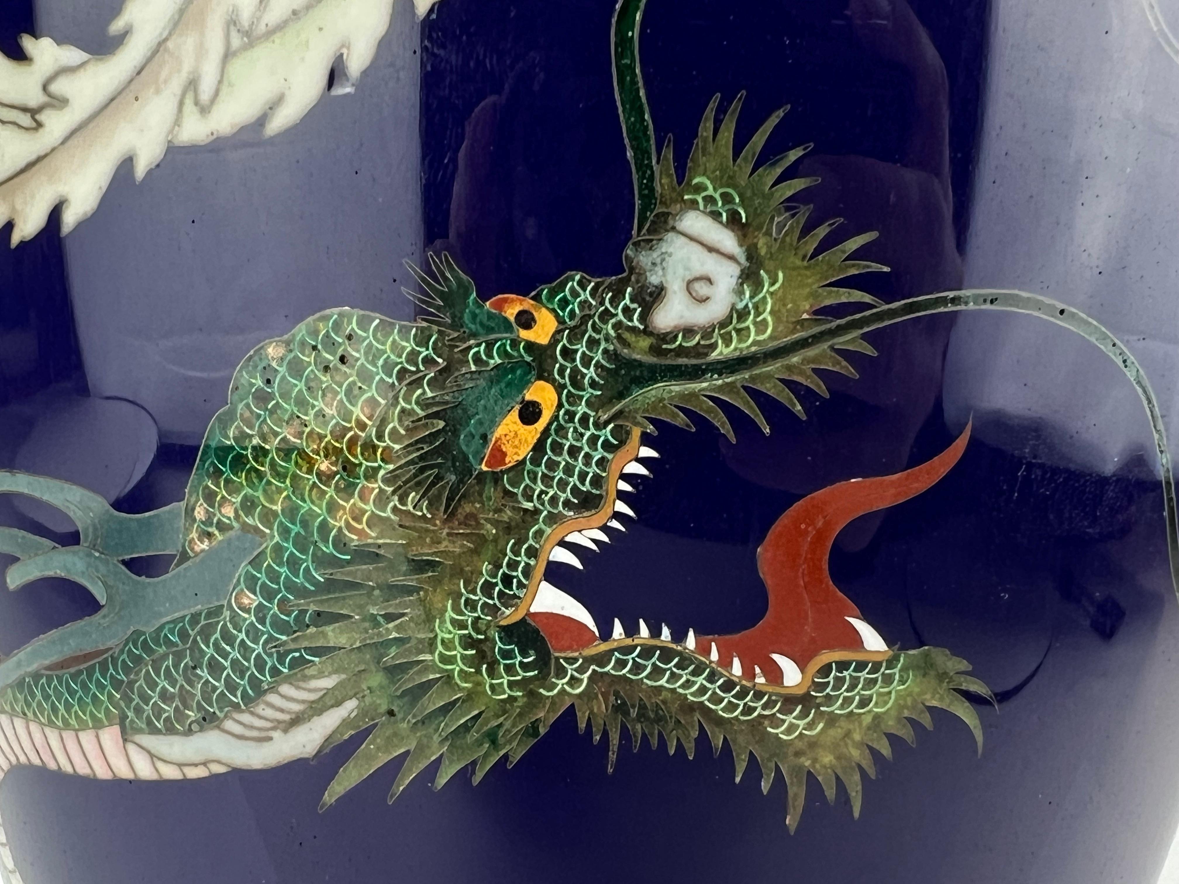 Antique Japanese Meiji Era (late 1800's) Cloisonné Vase Phoenix & Dragon 12” For Sale 3
