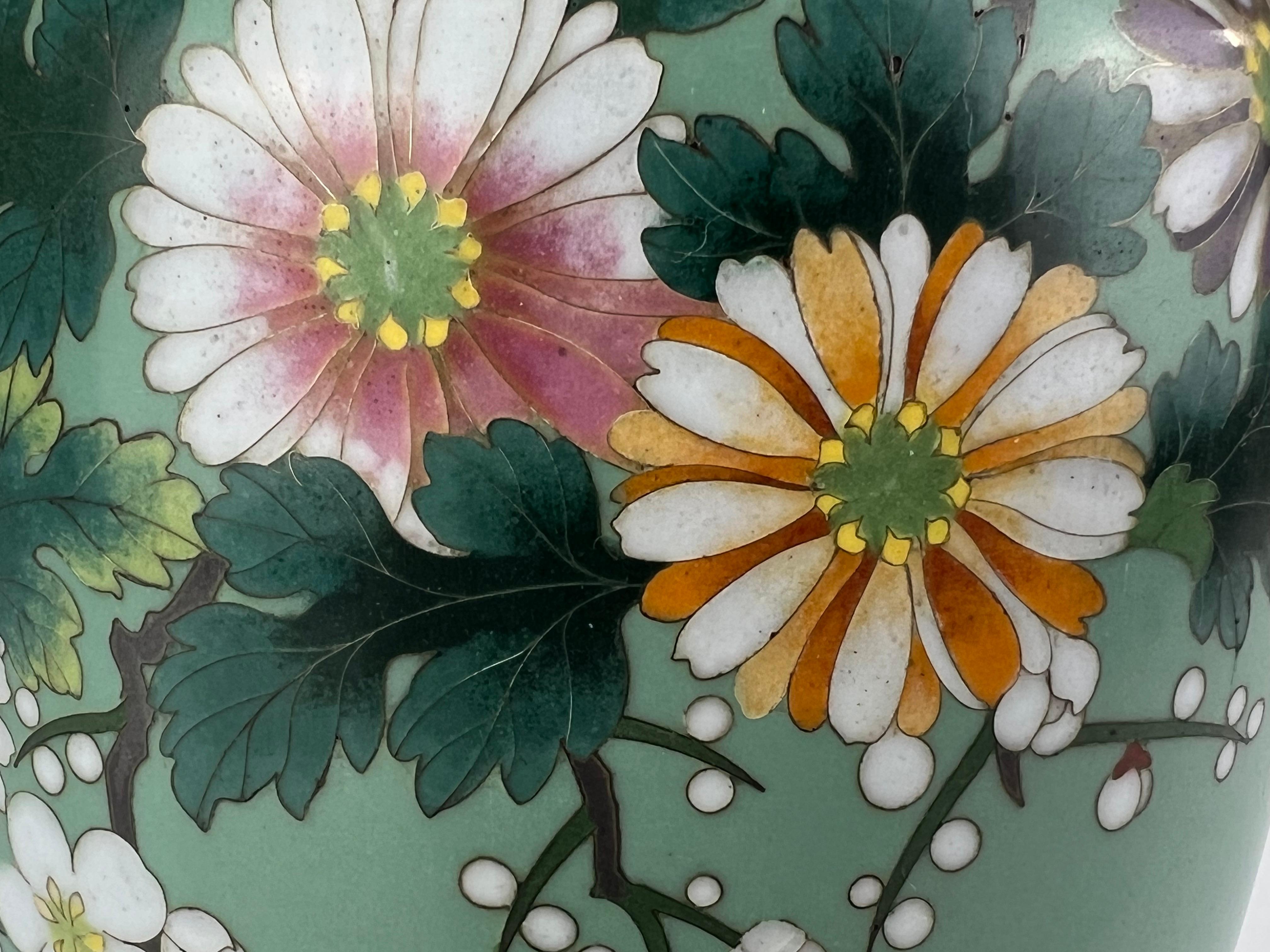 Antique Japanese Meiji Era (late 1800's) Cloisonné Vase Teal w/ Plum Blossoms 7” For Sale 4