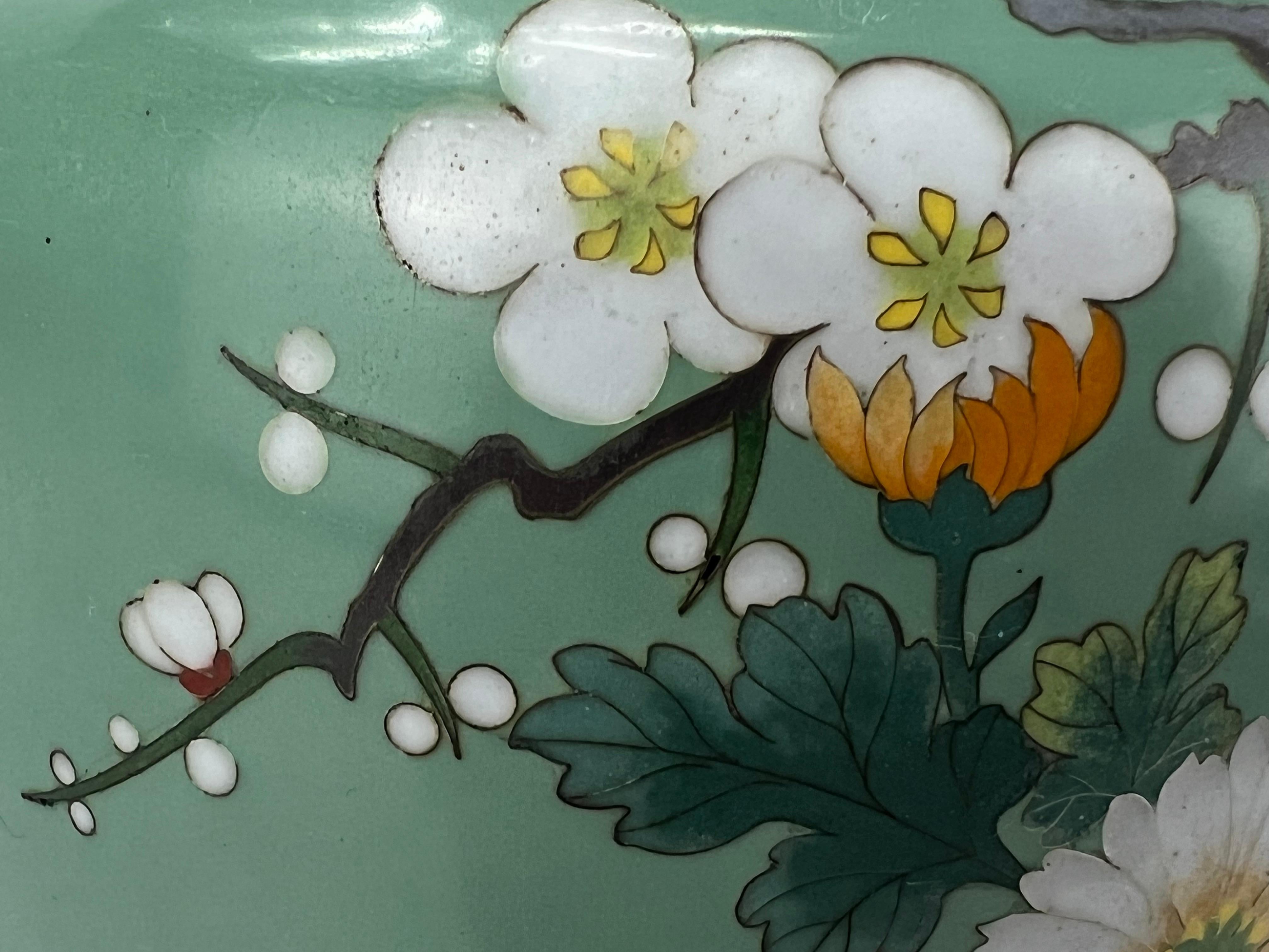 Antique Japanese Meiji Era (late 1800's) Cloisonné Vase Teal w/ Plum Blossoms 7” For Sale 6