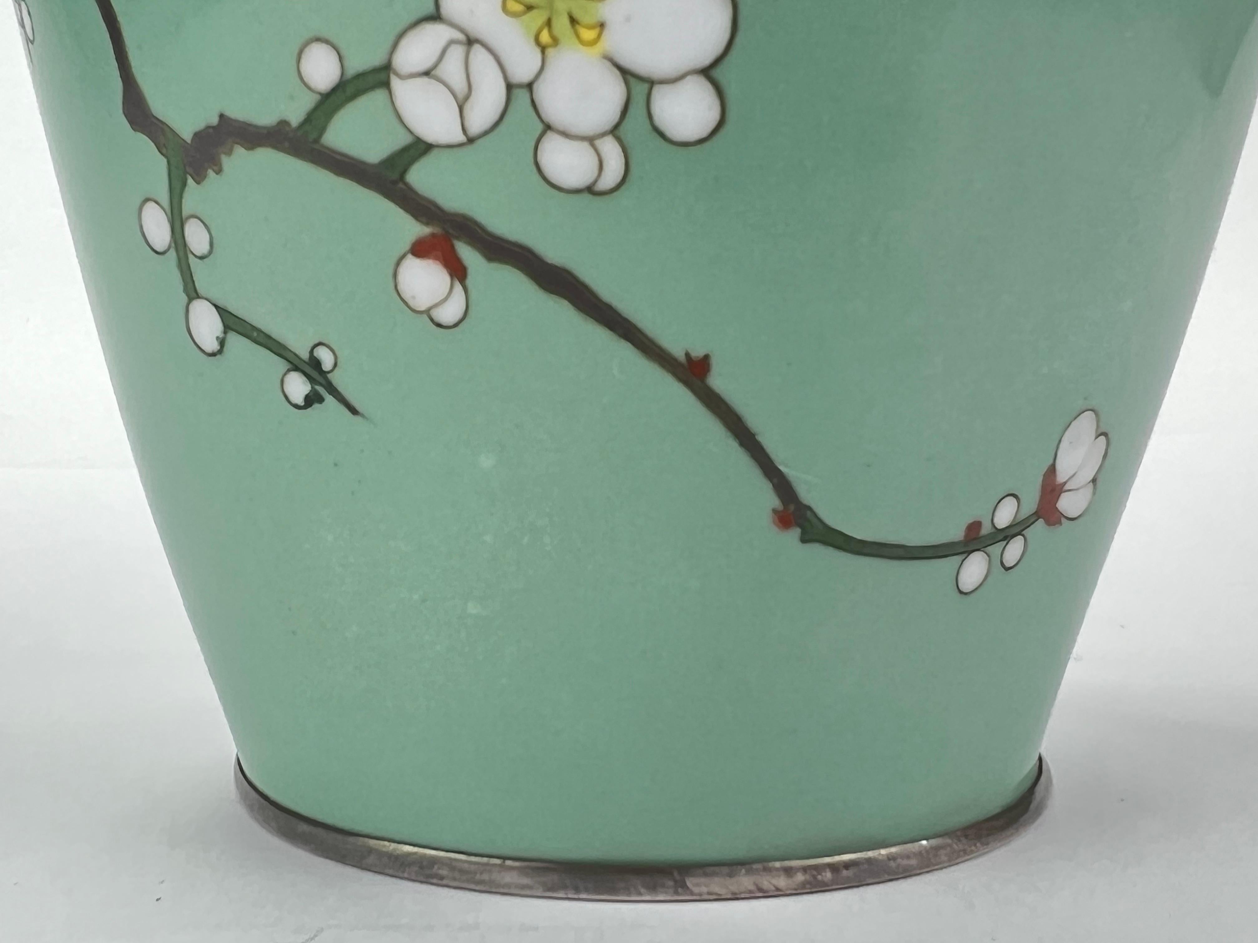 Antique Japanese Meiji Era (late 1800's) Cloisonné Vase Teal w/ Plum Blossoms 7” For Sale 7
