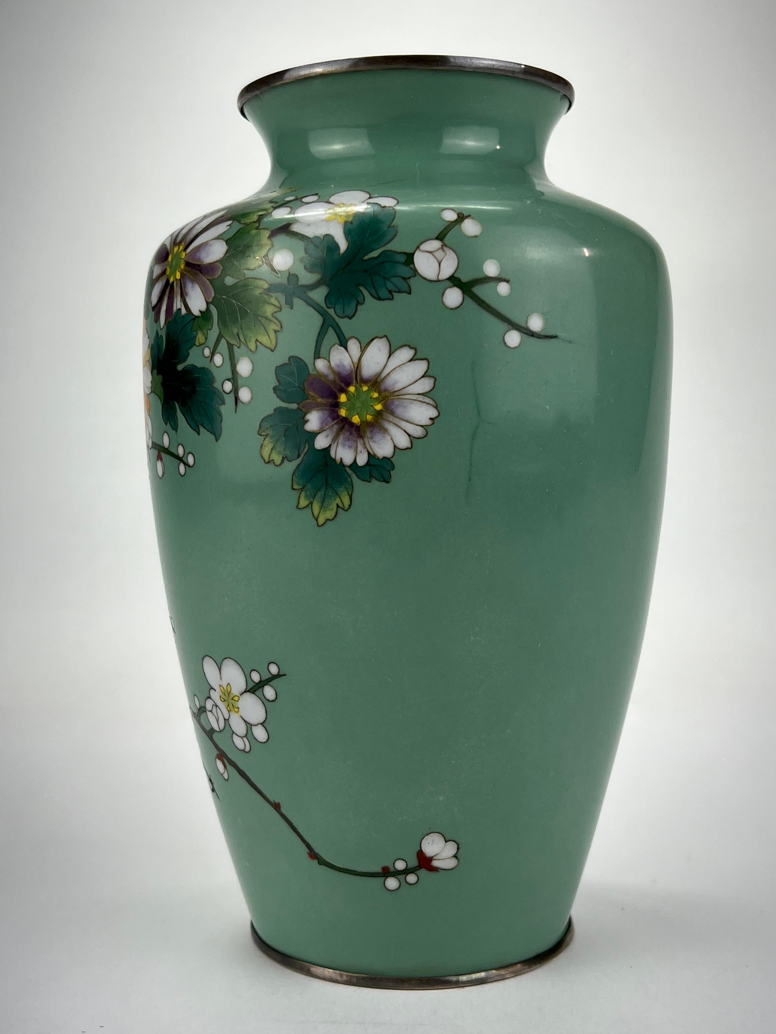Hand-Crafted Antique Japanese Meiji Era (late 1800's) Cloisonné Vase Teal w/ Plum Blossoms 7” For Sale