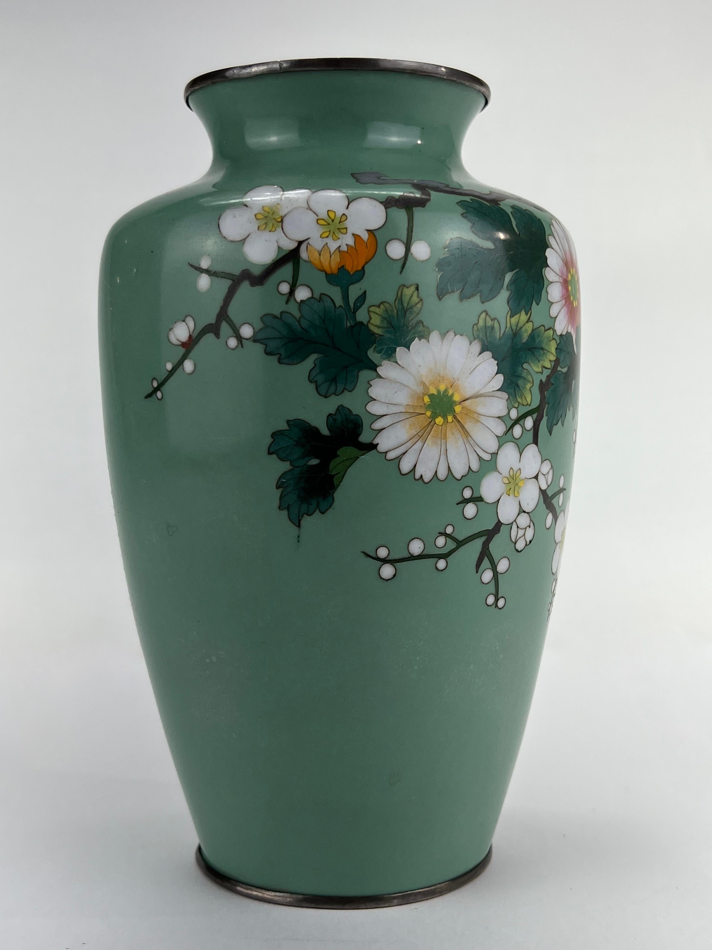 19th Century Antique Japanese Meiji Era (late 1800's) Cloisonné Vase Teal w/ Plum Blossoms 7” For Sale