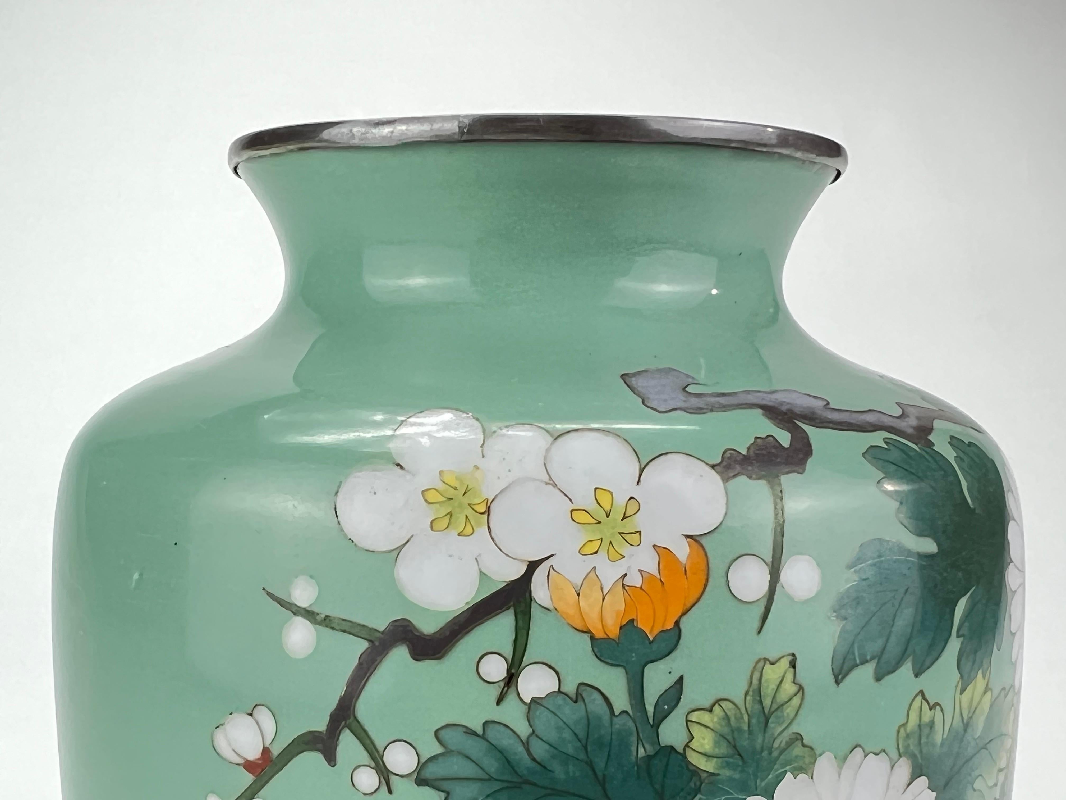 Copper Antique Japanese Meiji Era (late 1800's) Cloisonné Vase Teal w/ Plum Blossoms 7” For Sale