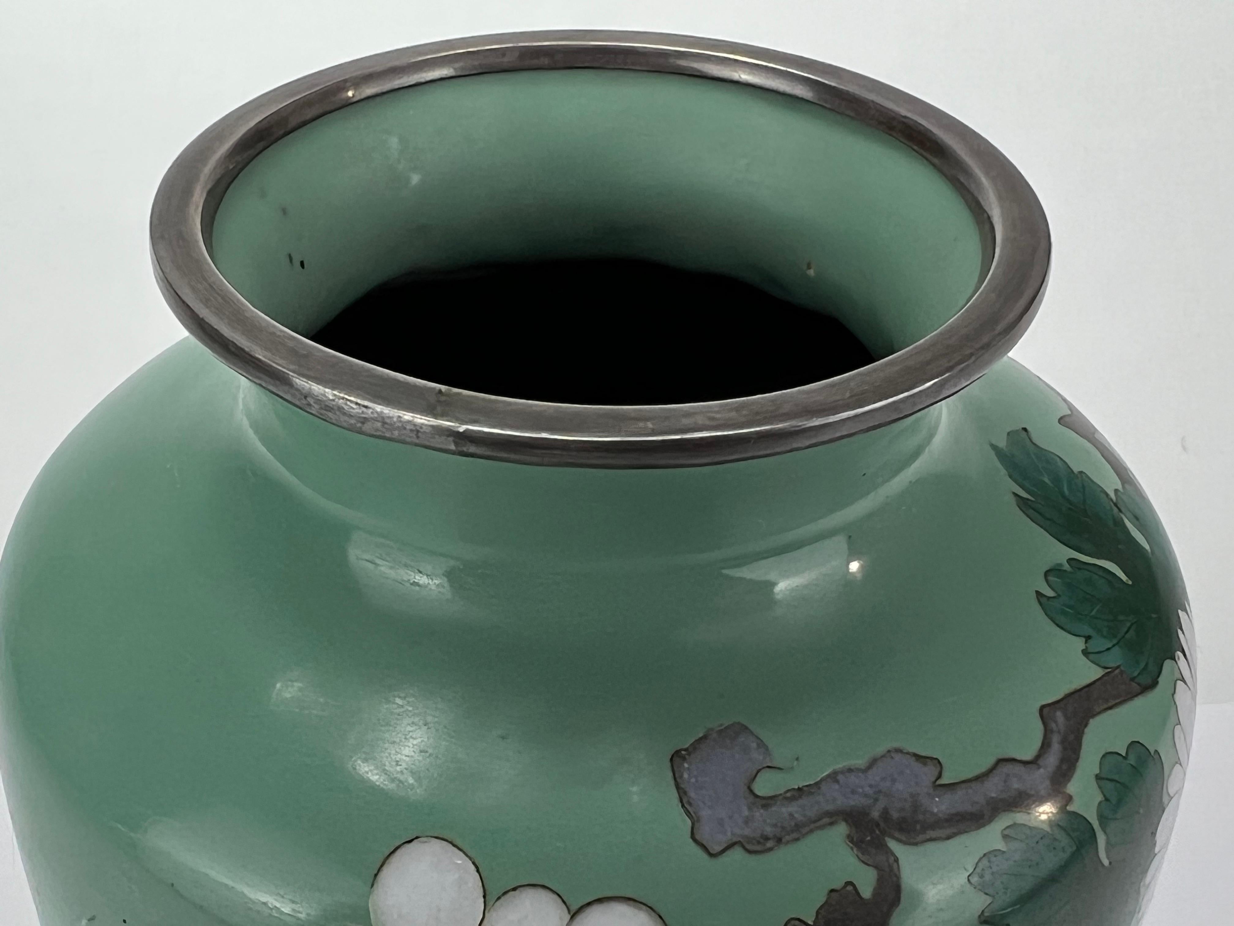 Antique Japanese Meiji Era (late 1800's) Cloisonné Vase Teal w/ Plum Blossoms 7” For Sale 1