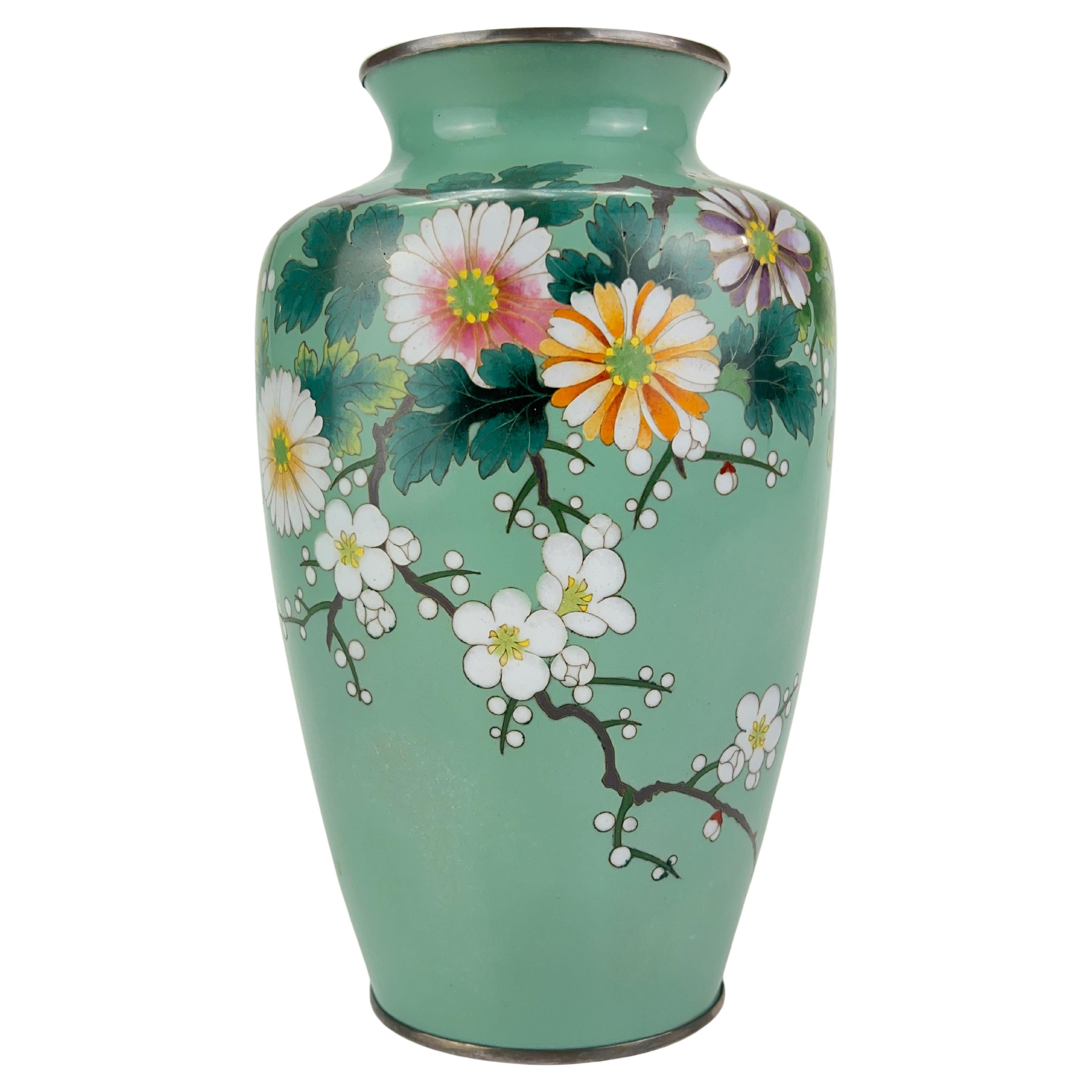 Antique Japanese Meiji Era (late 1800's) Cloisonné Vase Teal w/ Plum Blossoms 7” For Sale