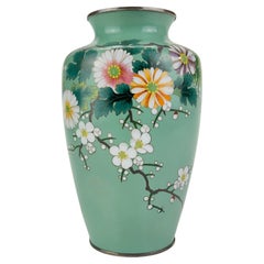 Vintage Japanese Meiji Era (late 1800's) Cloisonné Vase Teal w/ Plum Blossoms 7”