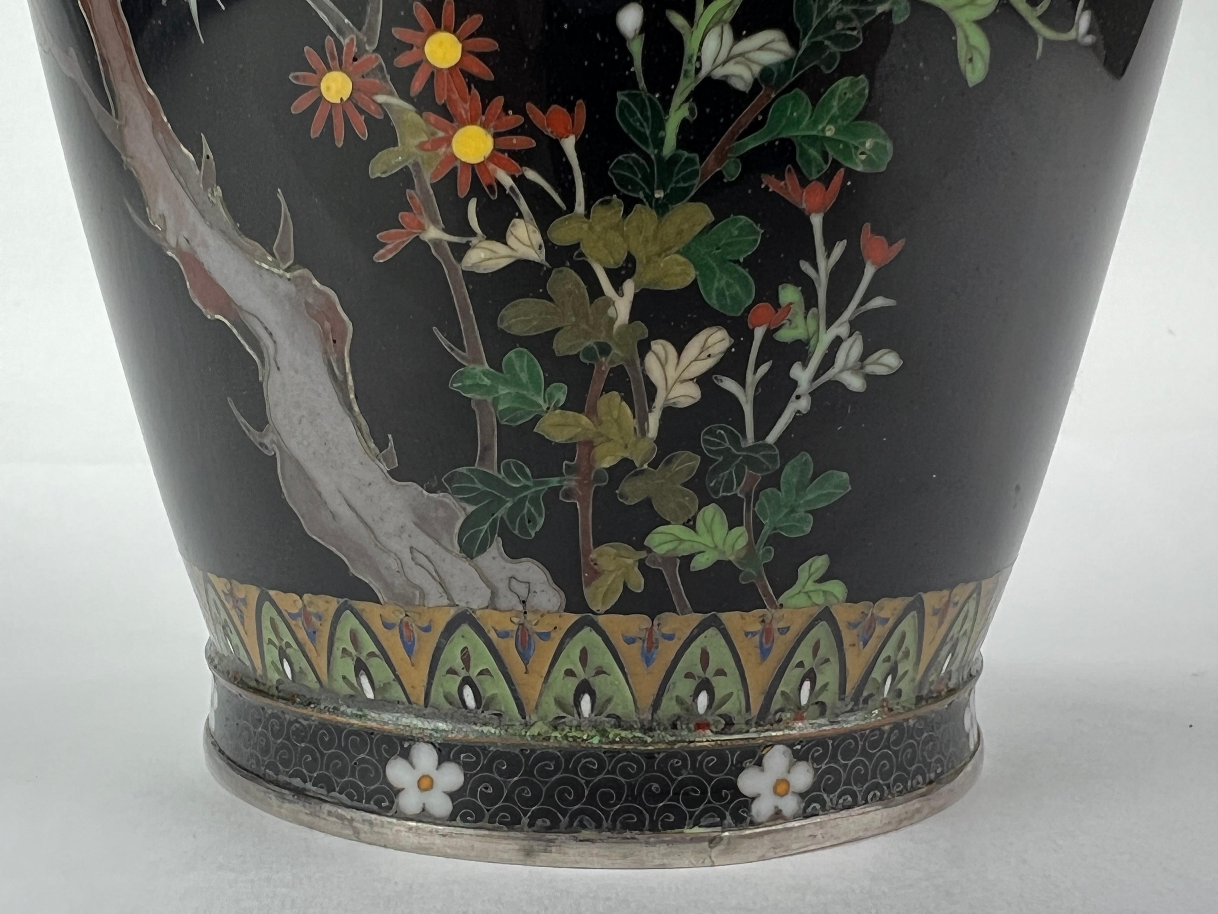 Antique Japanese Meiji Era (late 1800's) Silver Cloisonné Vase Maple & Sparrows  For Sale 5